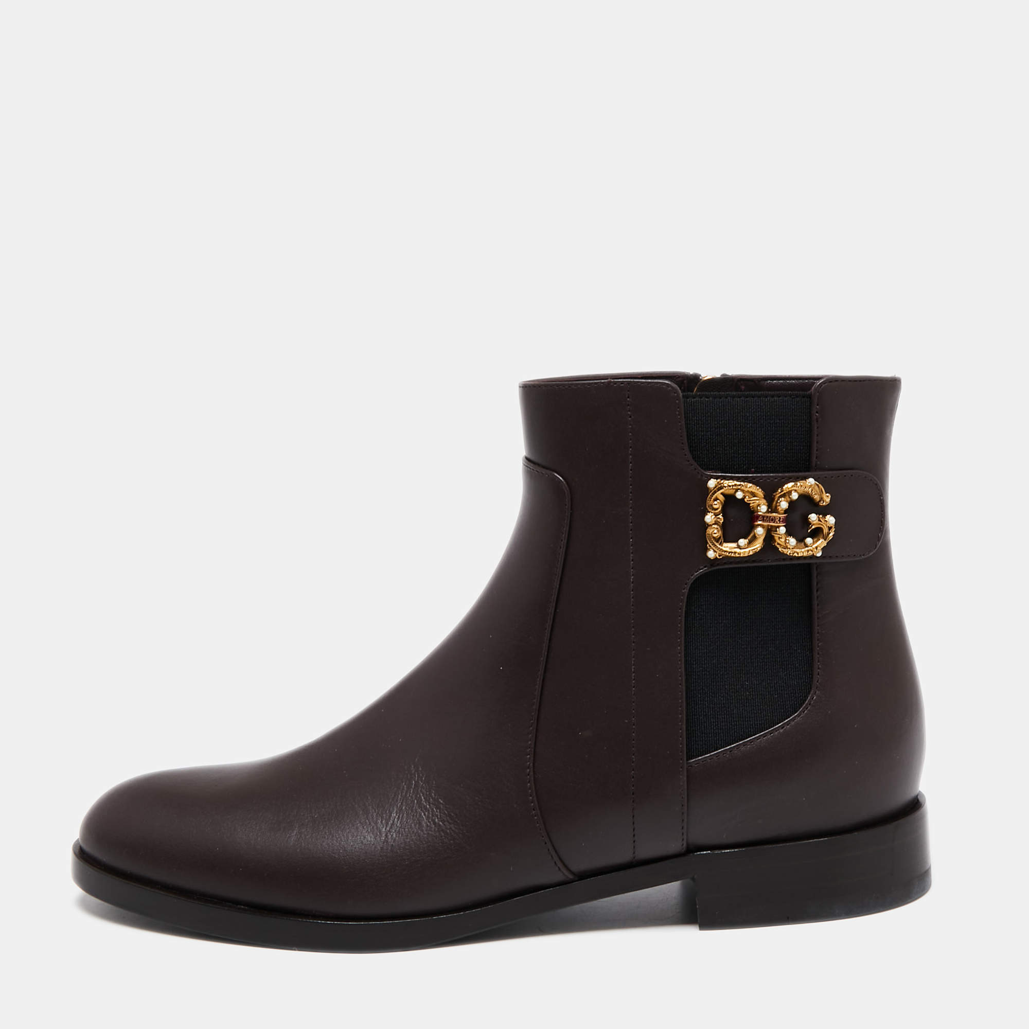 Pre Owned Dolce & Gabbana Burgundy Leather Logo Detail Ankle Boots Size 38