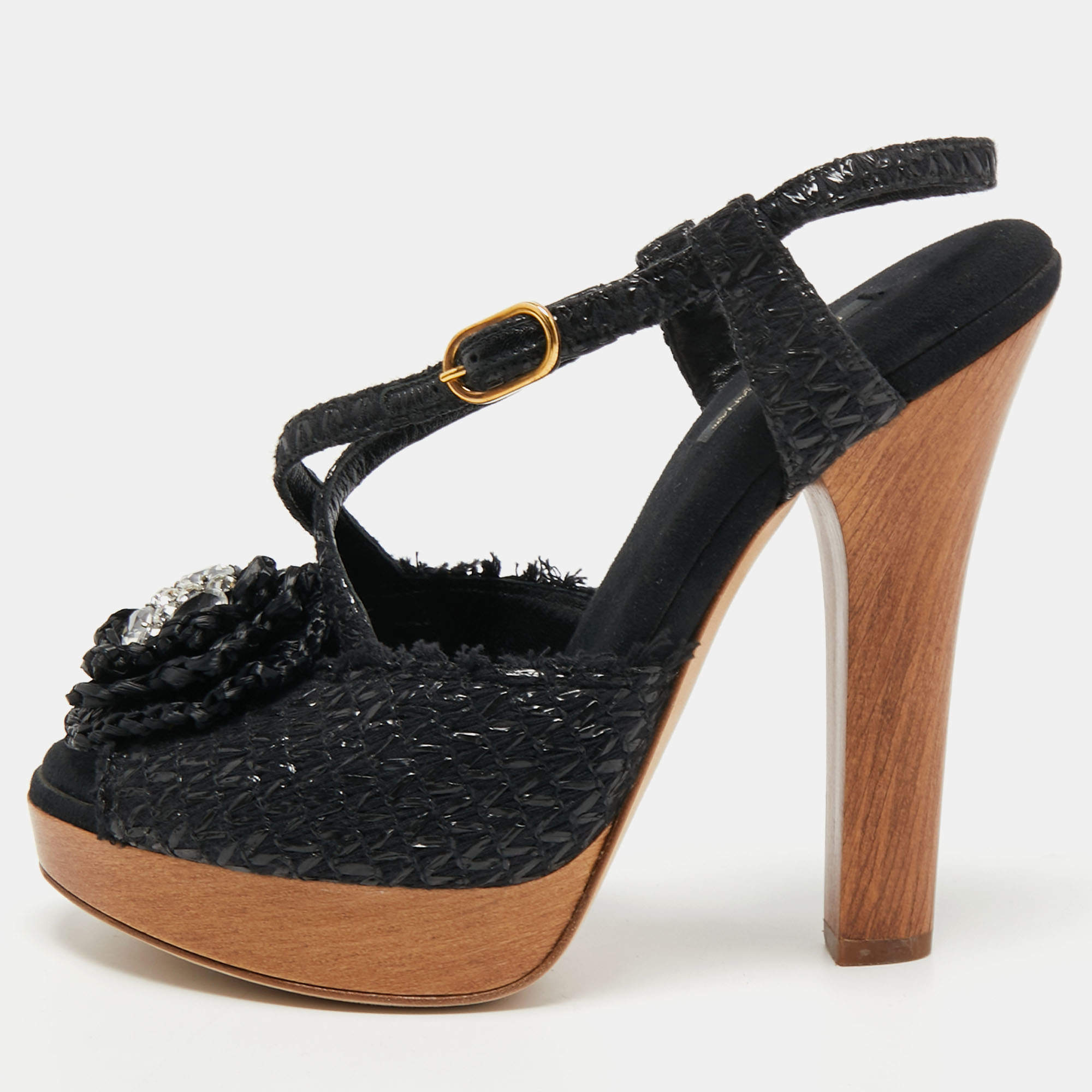 Dolce & Gabbana Black Raffia Crystal Embellished Platform Sandals Size 40