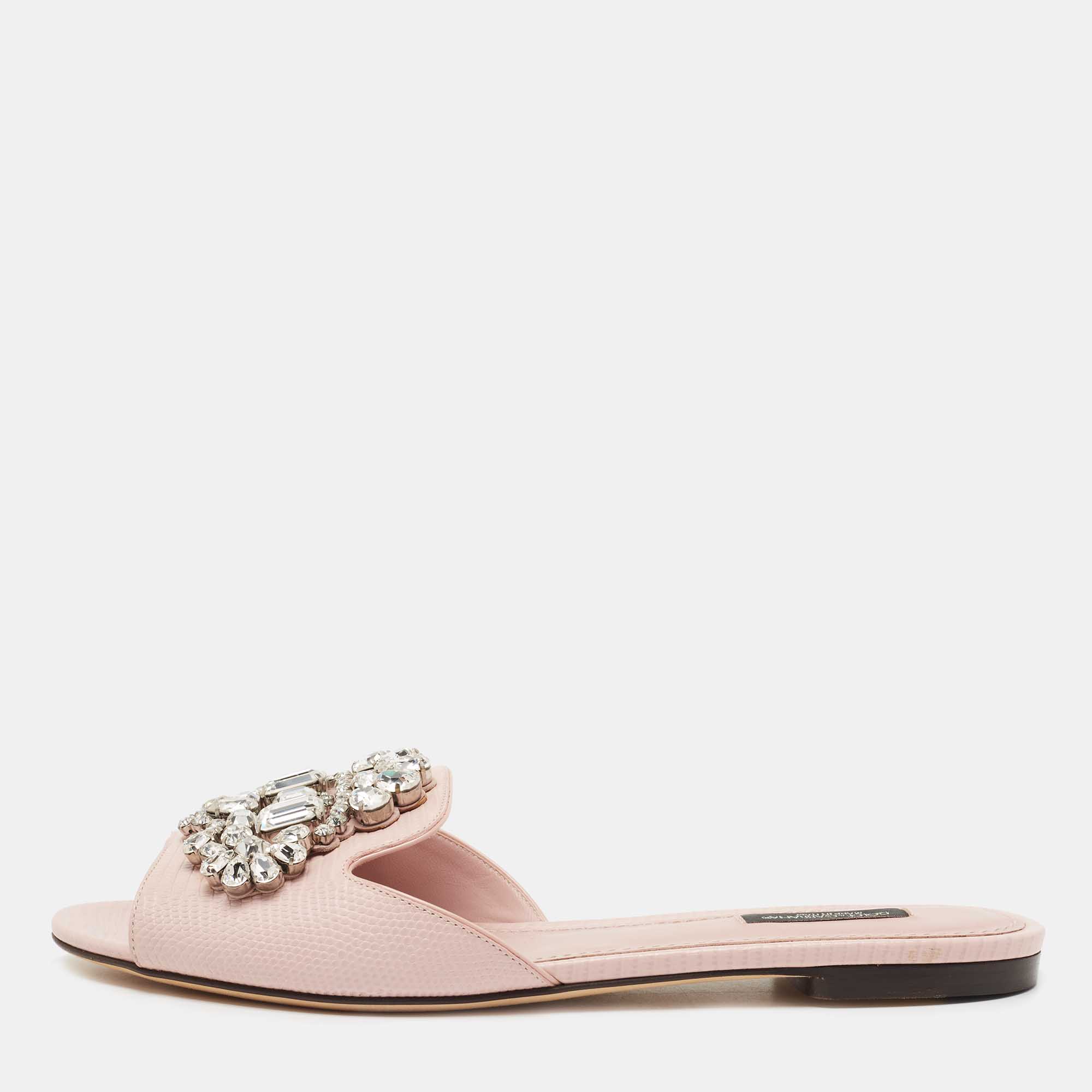 Dolce & Gabbana Pink Embossed Lizard Leather Crystal Embellished Flat Slides Size 40
