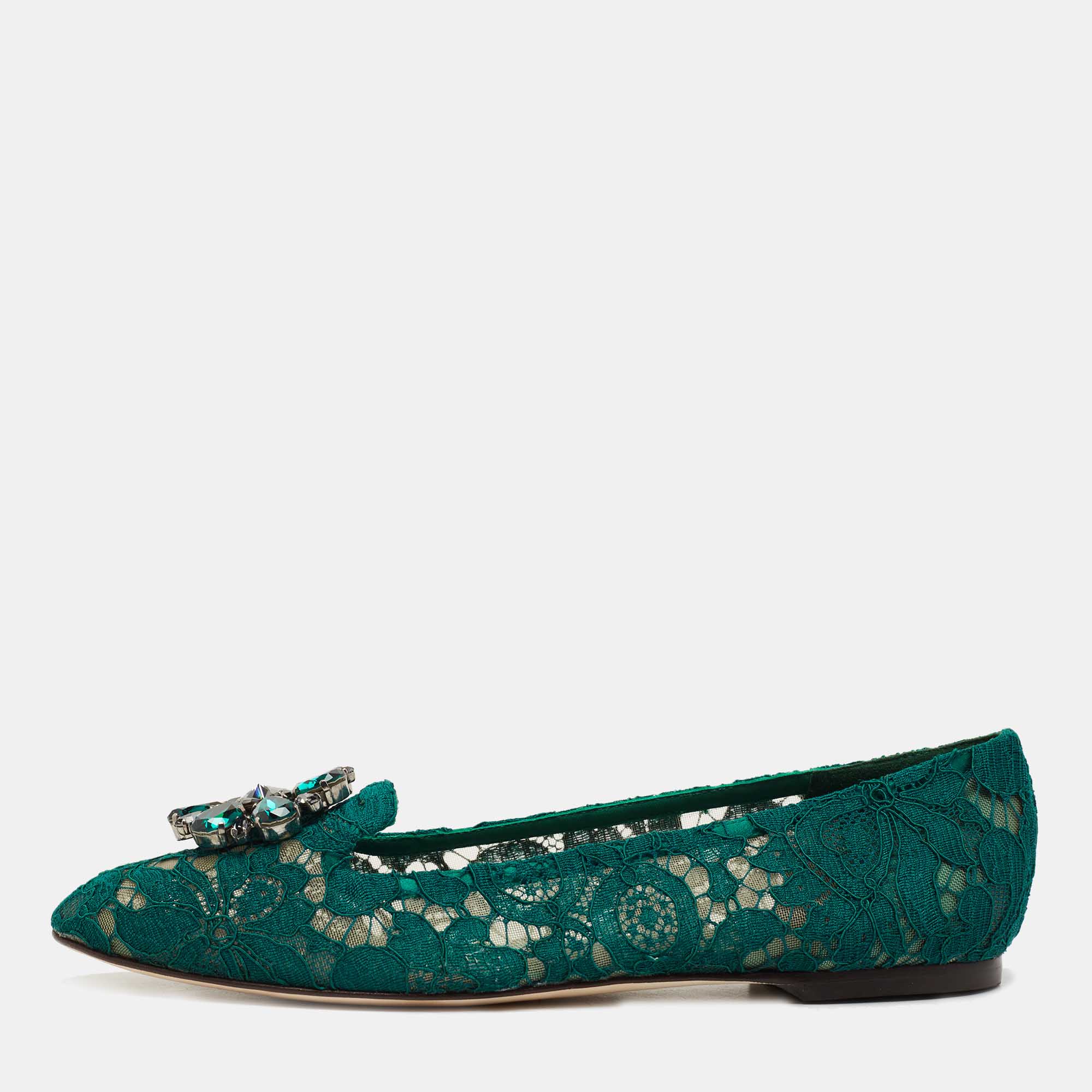 Pre Owned Dolce & Gabbana  Green Lace Taormina  Crystal Embellished Ballet Flats Size 40