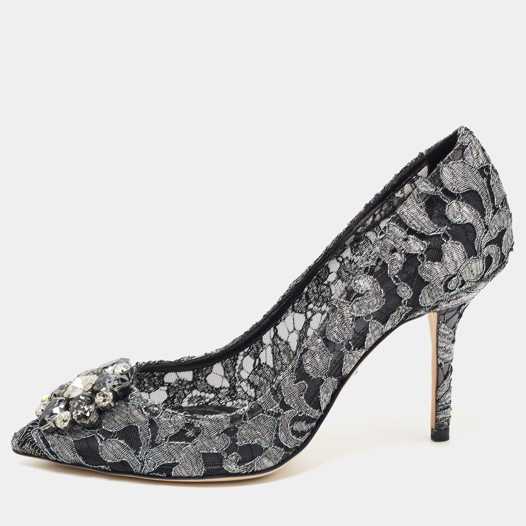 Pre Owned Dolce & Gabbana Metallic Grey/Black Lace Bellucci Pointed Toe Pumps Size 38
