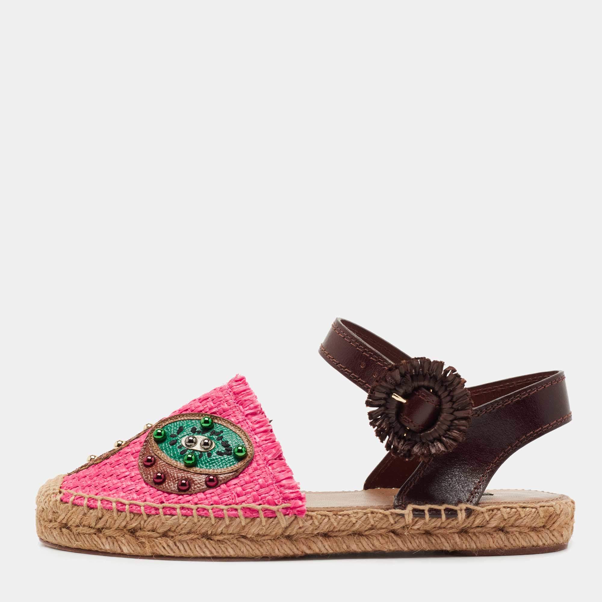 Pre Owned Dolce & Gabbana Multicolor Raffia And Leather Pineapple Kiwi Patch Espadrilles Sandals Size 36