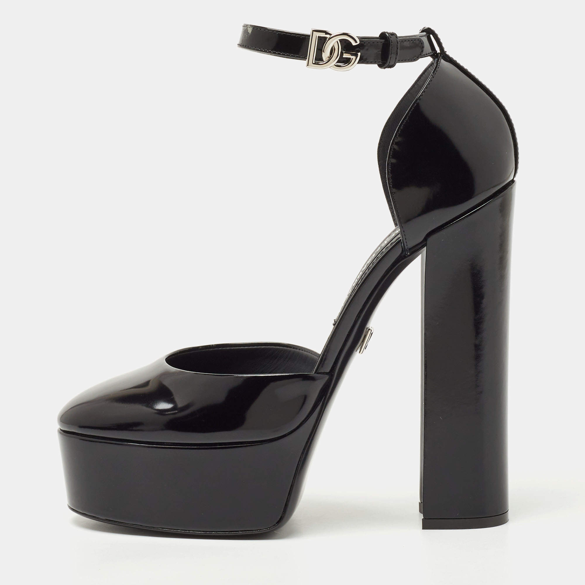Pre Owned Dolce & Gabbana Black Patent Leather Logo Plaque Platfrom Pumps Size 39.5