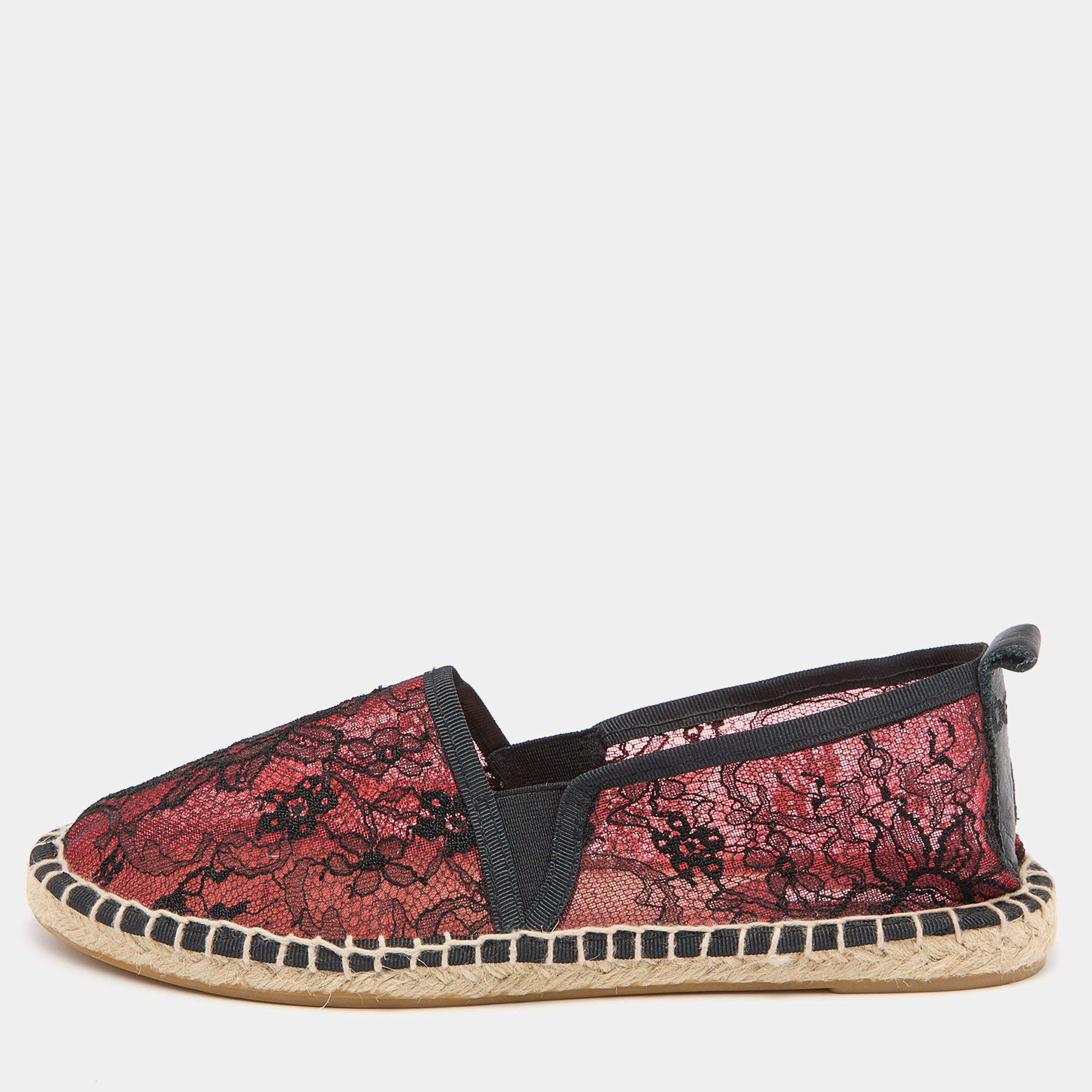 Pre Owned Dolce & Gabbana Black/Red Lace Espadrille Flats Size 38
