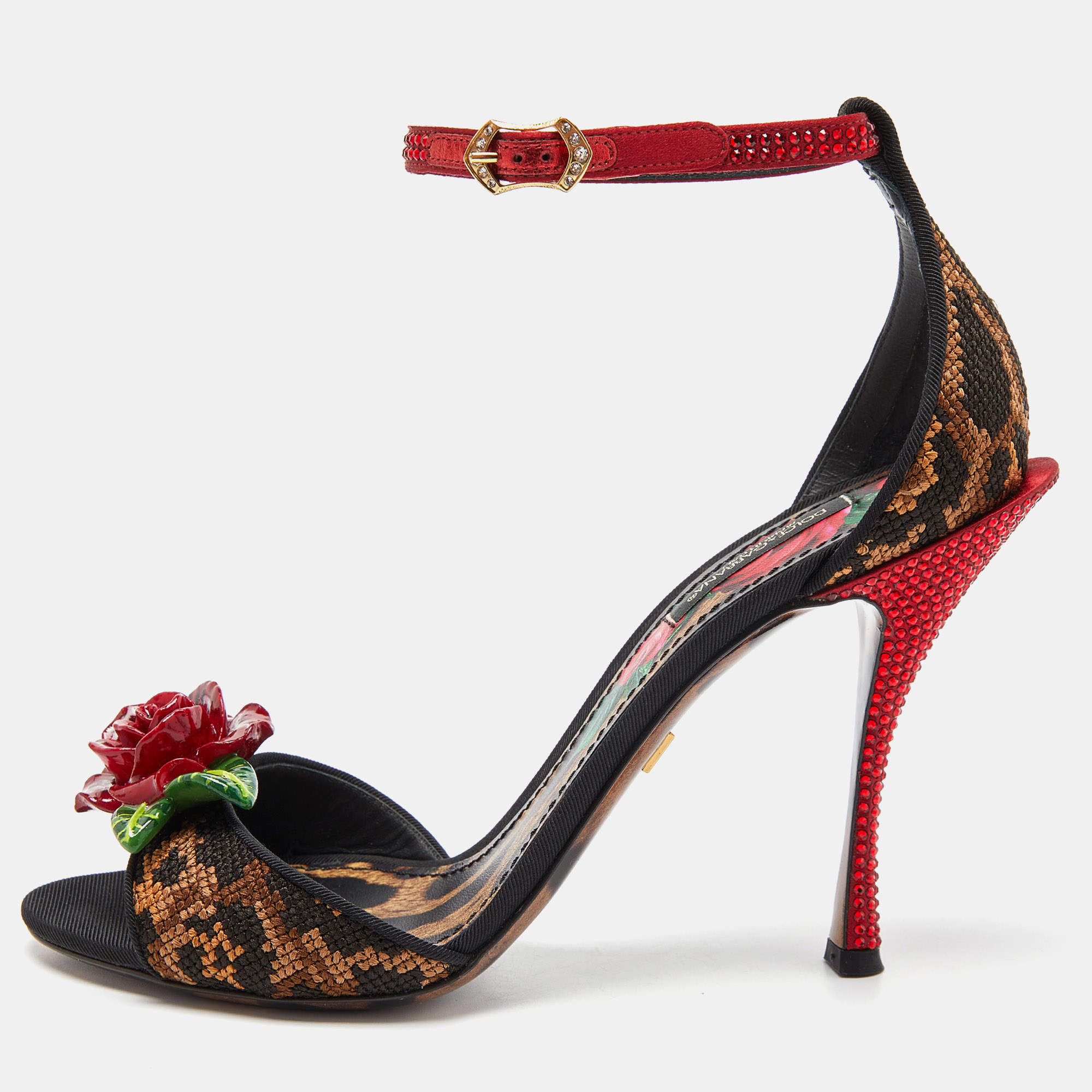 Pre Owned Dolce & Gabbana Beige/Black Leopard Print Canvas and Satin Rose Applique Ankle Strap Sandals Size 38