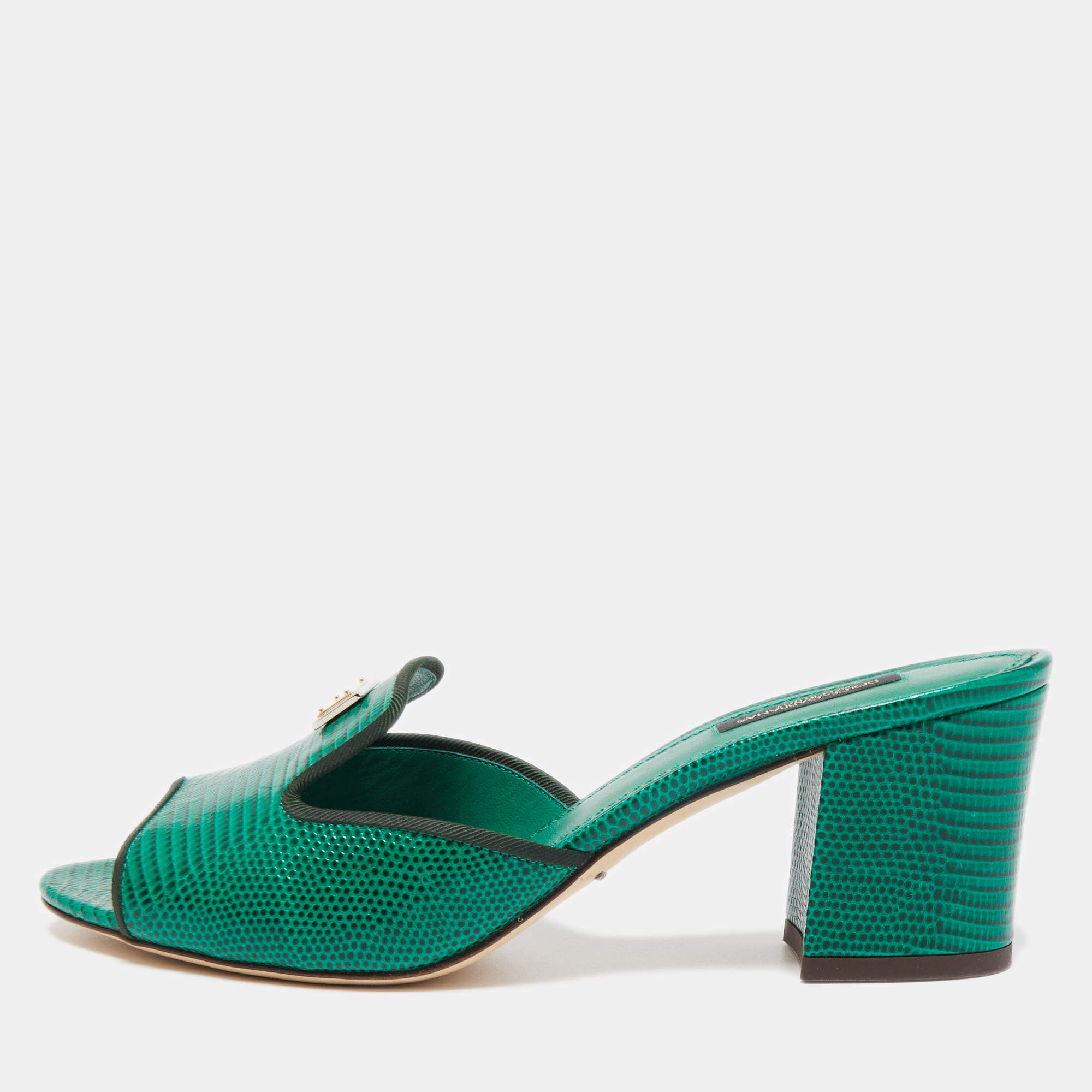 مملوكة مسبقًا Dolce & Gabbana Green Lizard Leather Slides Size 39.5  