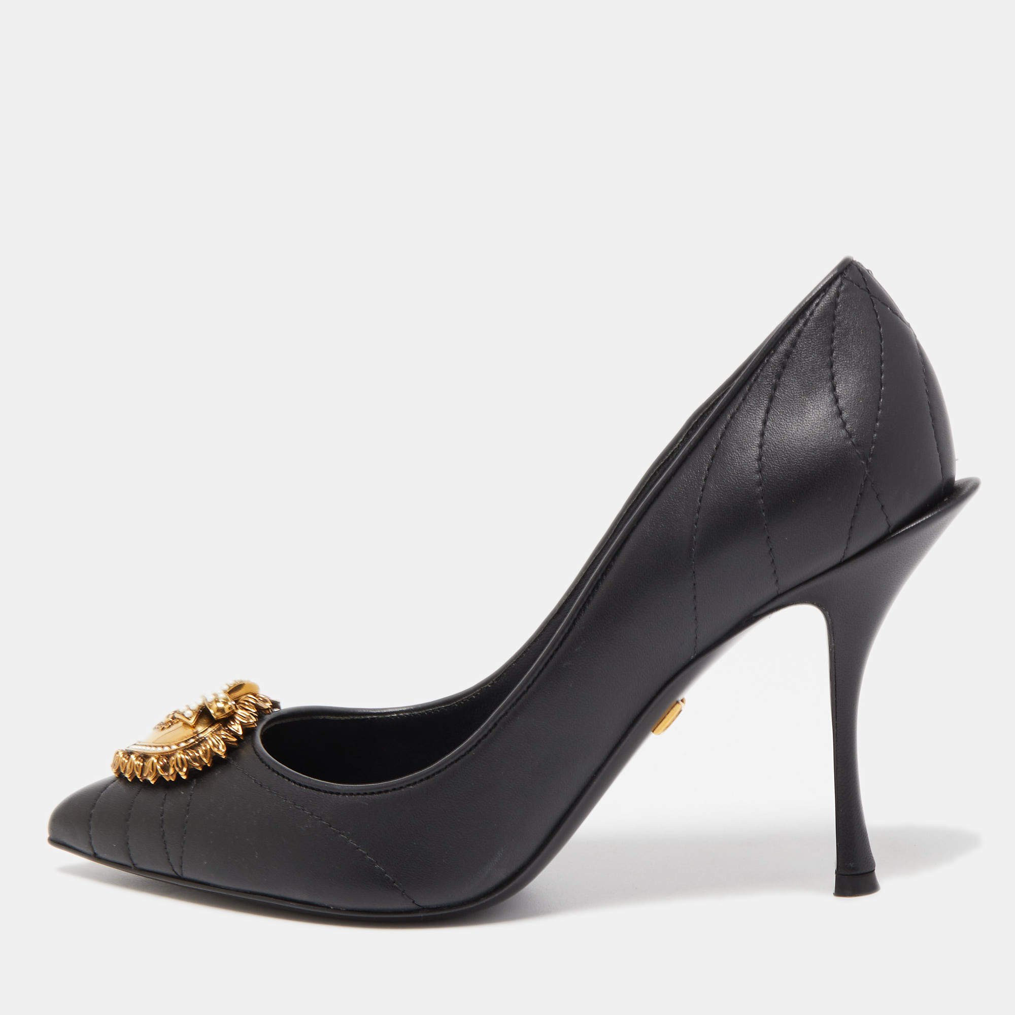 Dolce & Gabbana Black Leather Devotion Embellished Pointed Toe Pumps Size 39