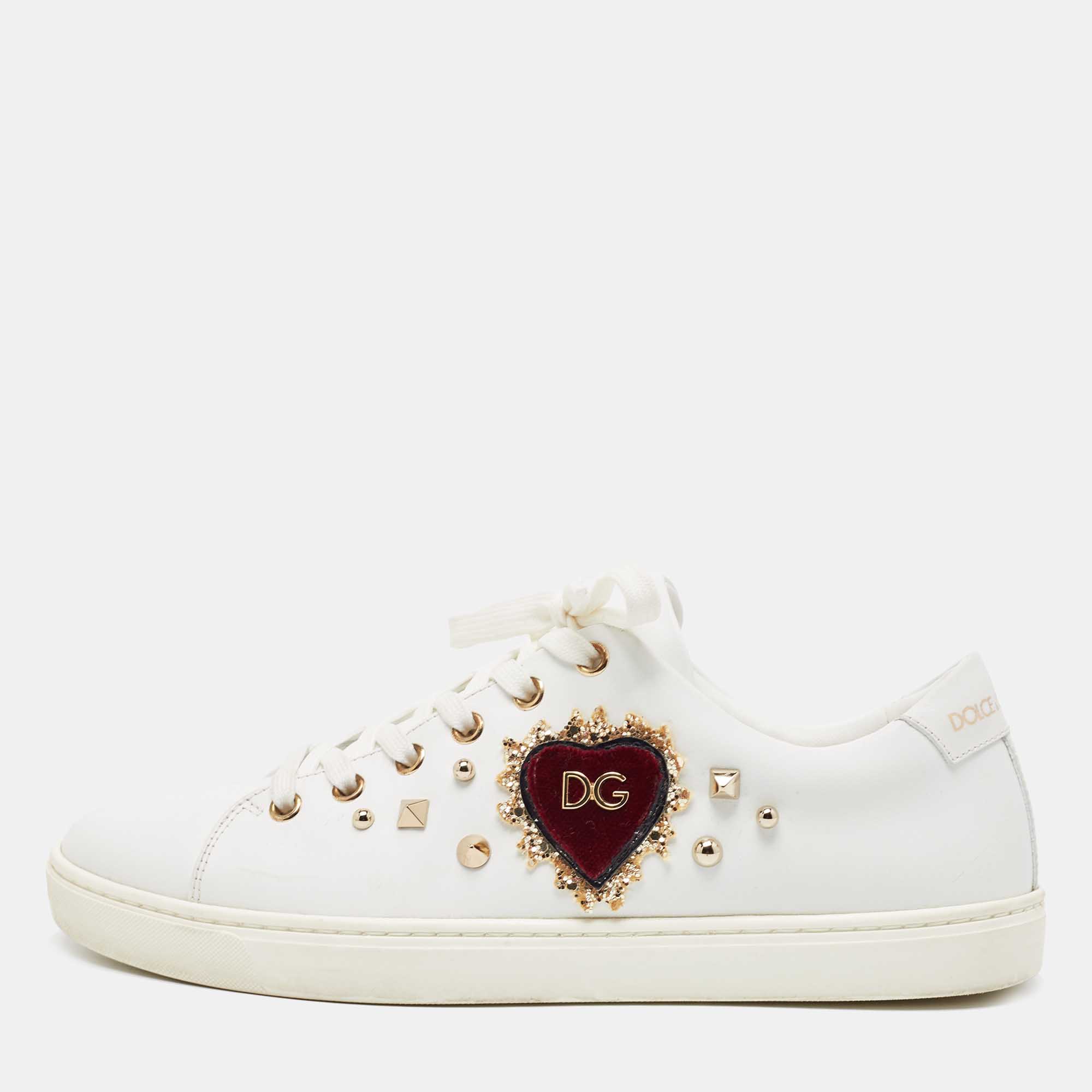Pre Owned Dolce & Gabbana White Leather Embellished Portofino Sneakers Size 39