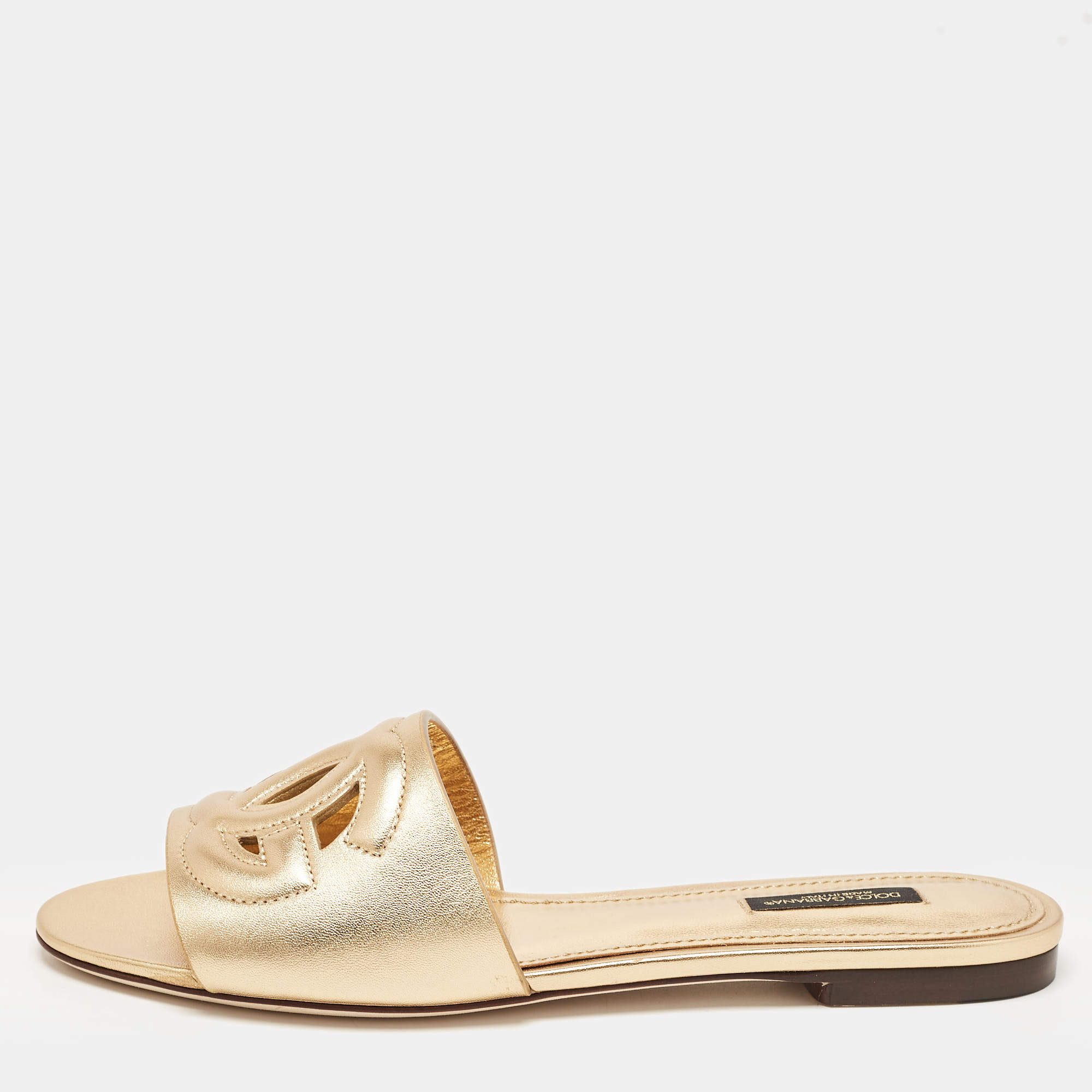 Pre Owned Dolce & Gabbana Gold Foil Leather DG Millennials Flat Slides Size 38