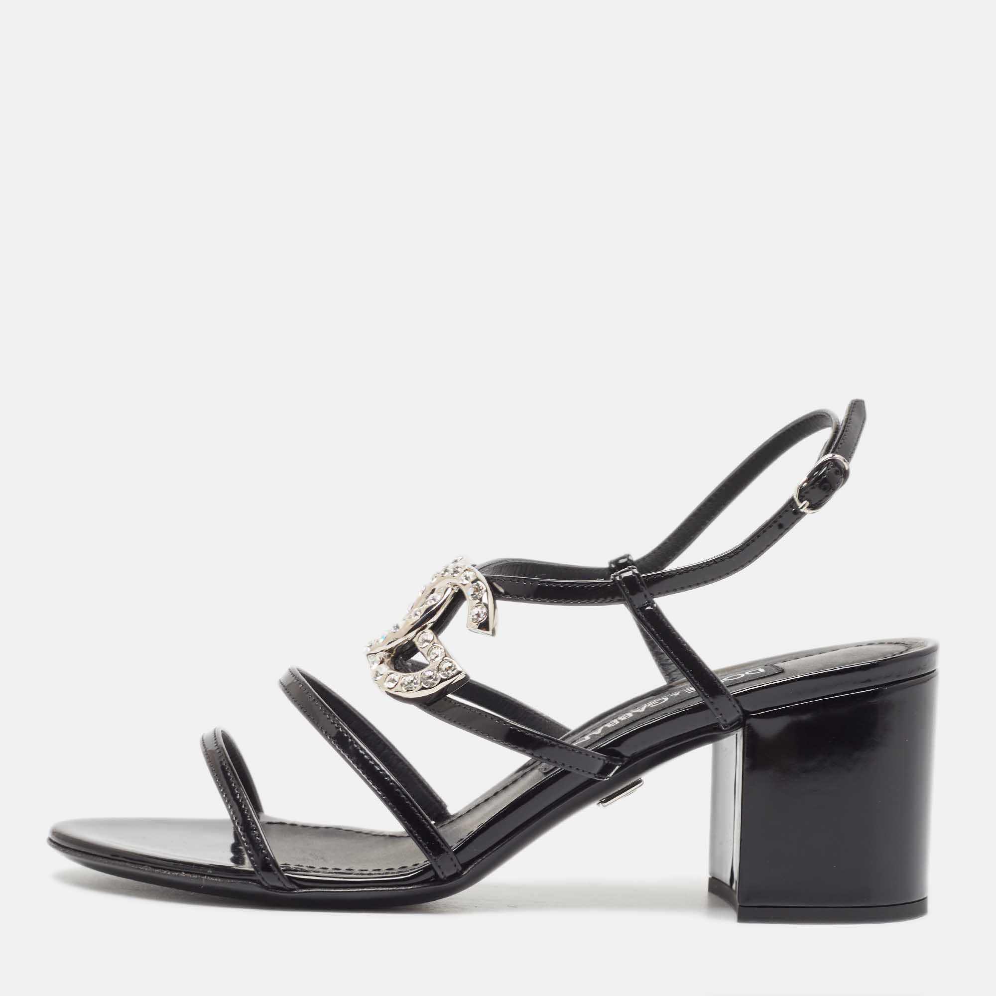 Pre Owned Dolce & Gabbana Black Patent Slingback Block Heel Sandals Size 37.5