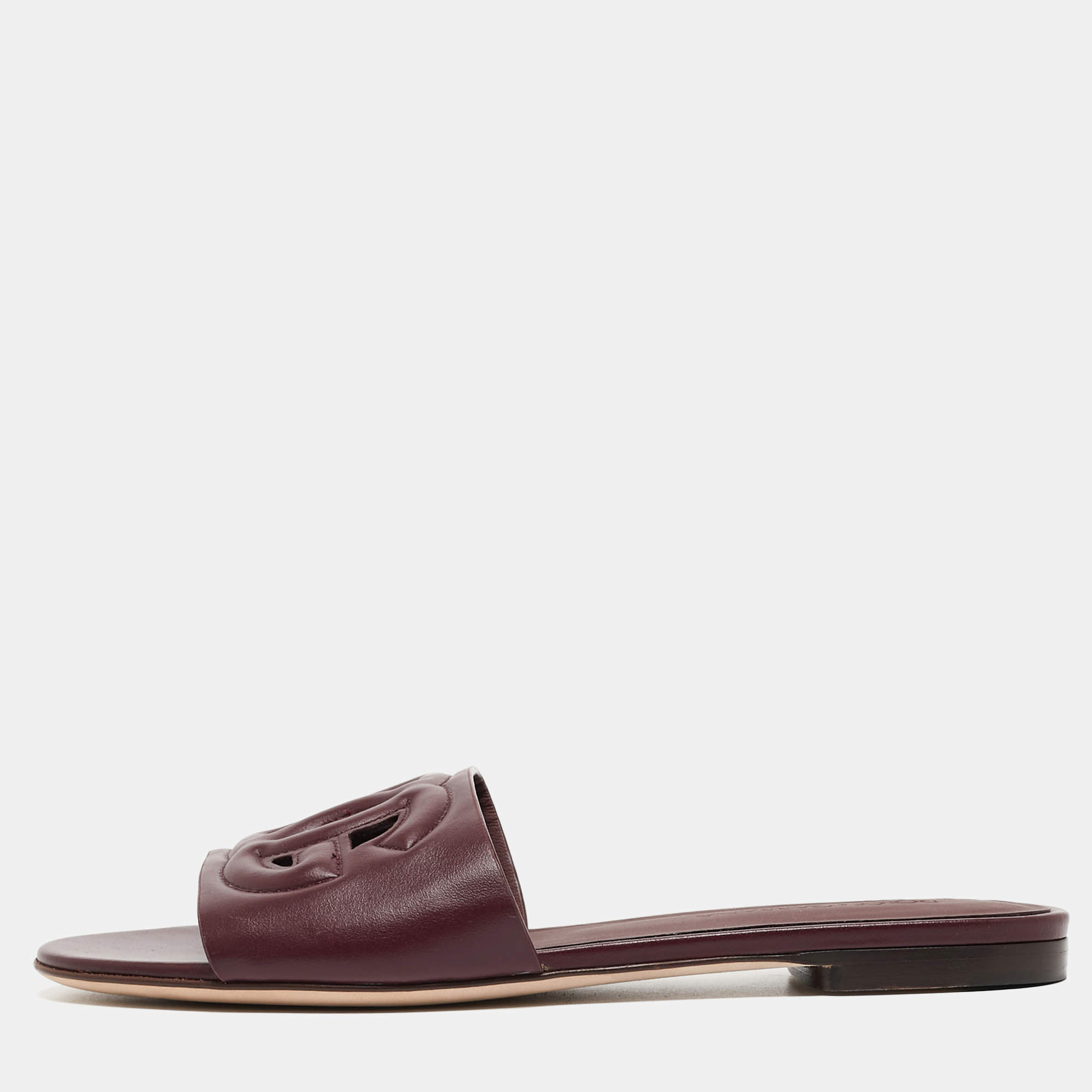 Pre Owned Dolce & Gabbana Burgundy Leather DG Cut Out Flat Slides Size 36