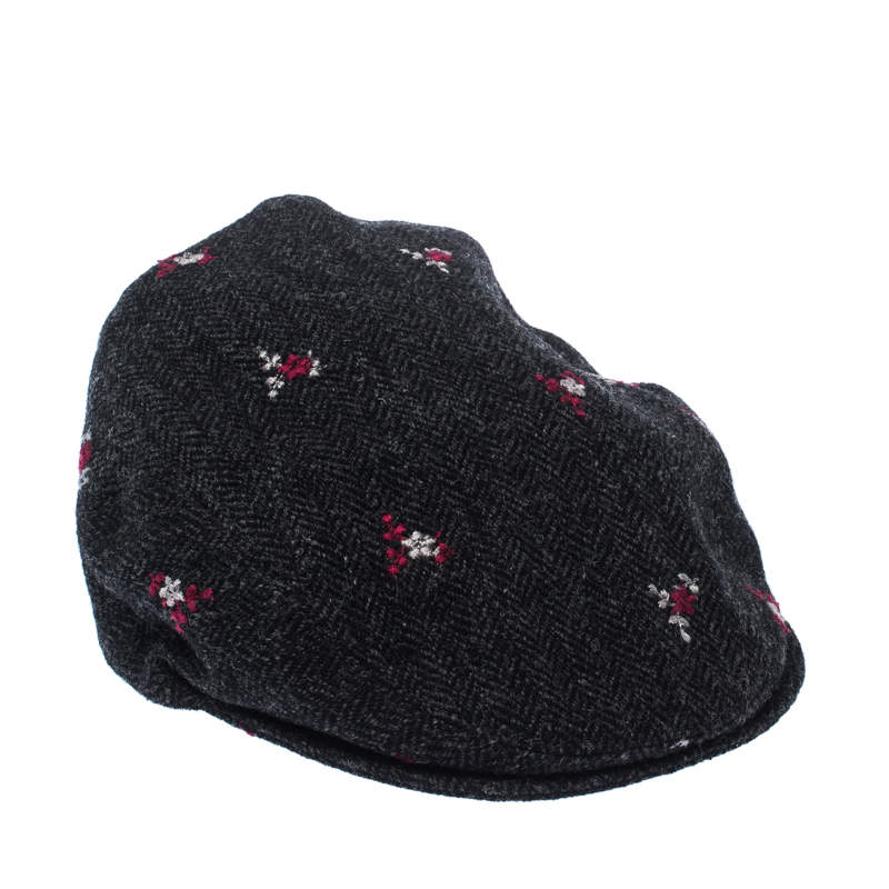 Pre Owned Dolce & Gabbana Grey Floral Embroidered Tweed Flat Cap 