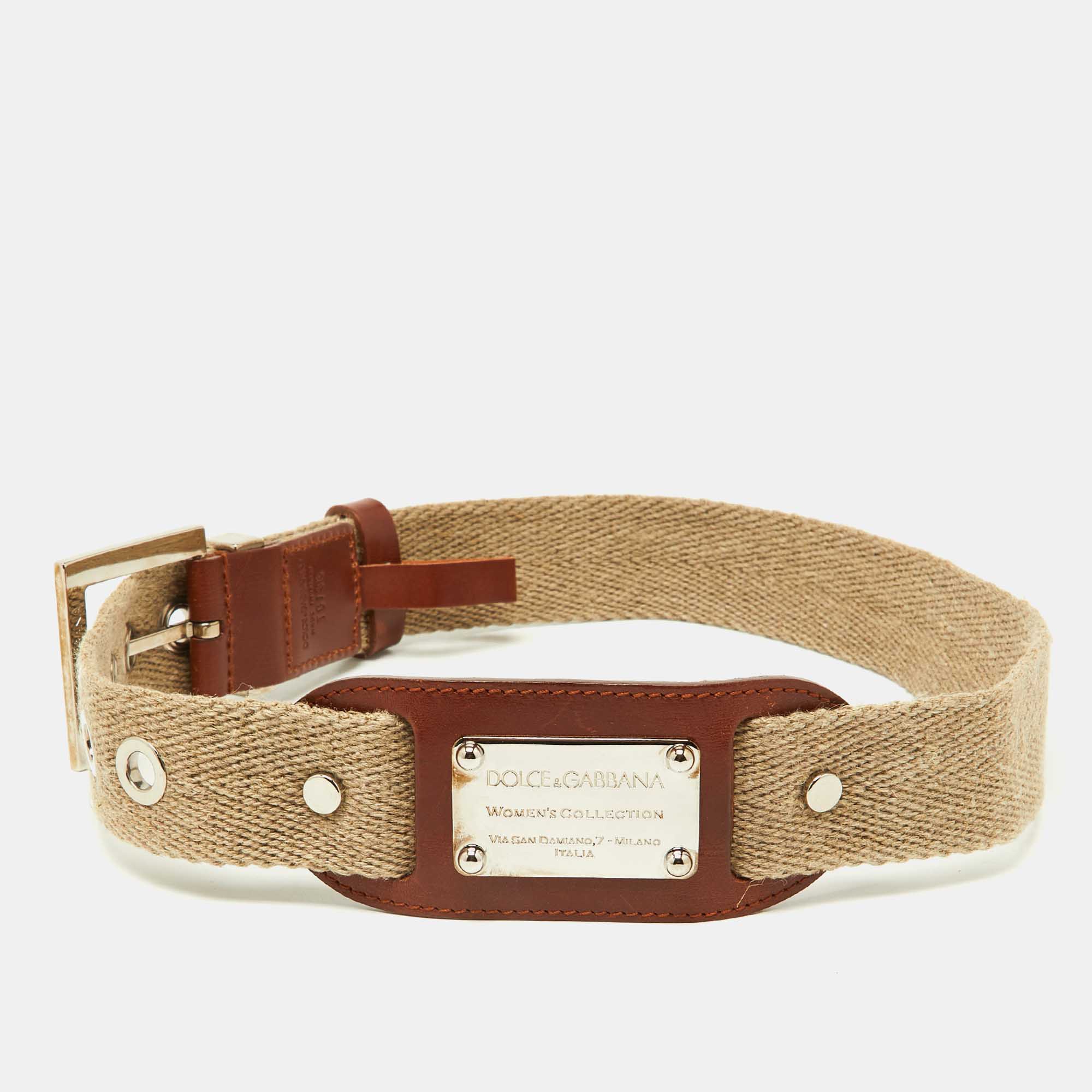 Pre Owned Dolce & Gabbana Beige Canvas and Leather Plaque Detail Waist Belt 65CM