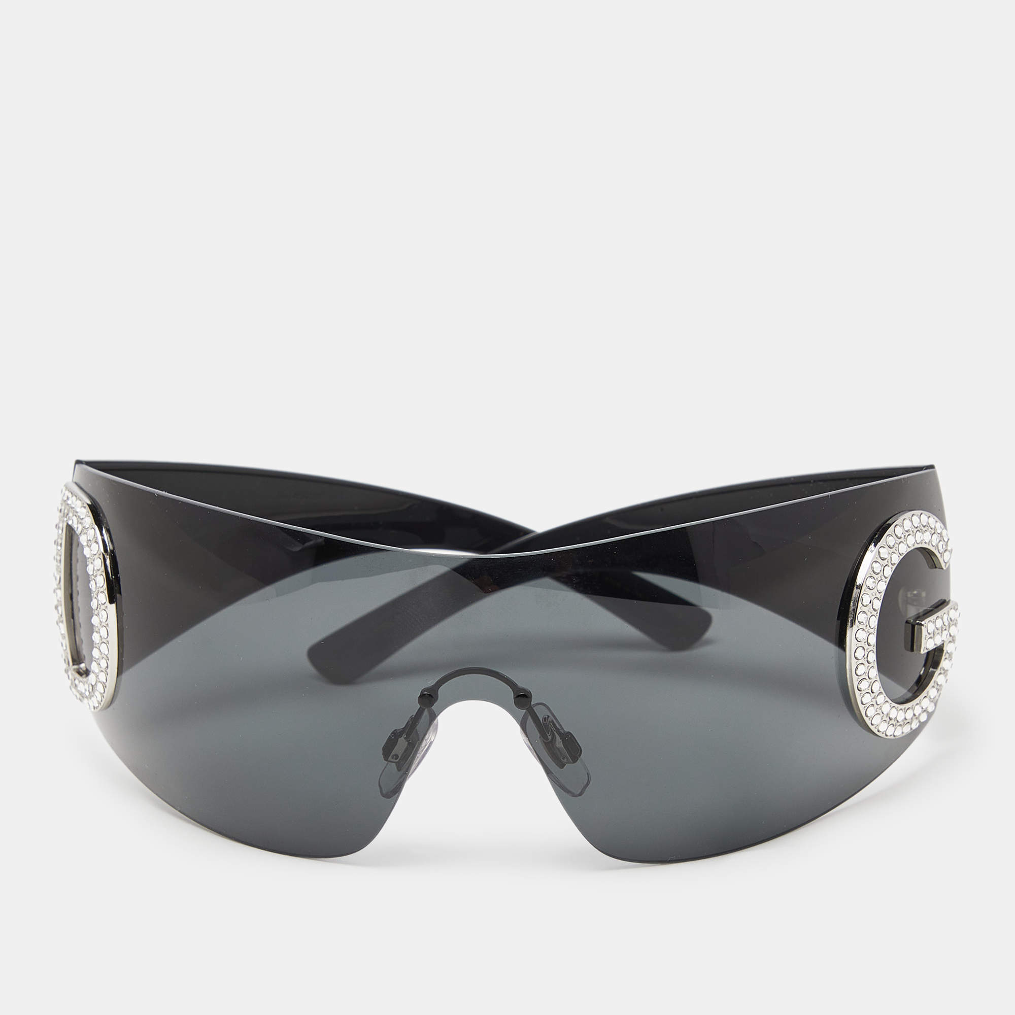 Pre Owned Dolce & Gabbana Black/Grey DG2298 Crystal Embellished DG Shield Sunglasses