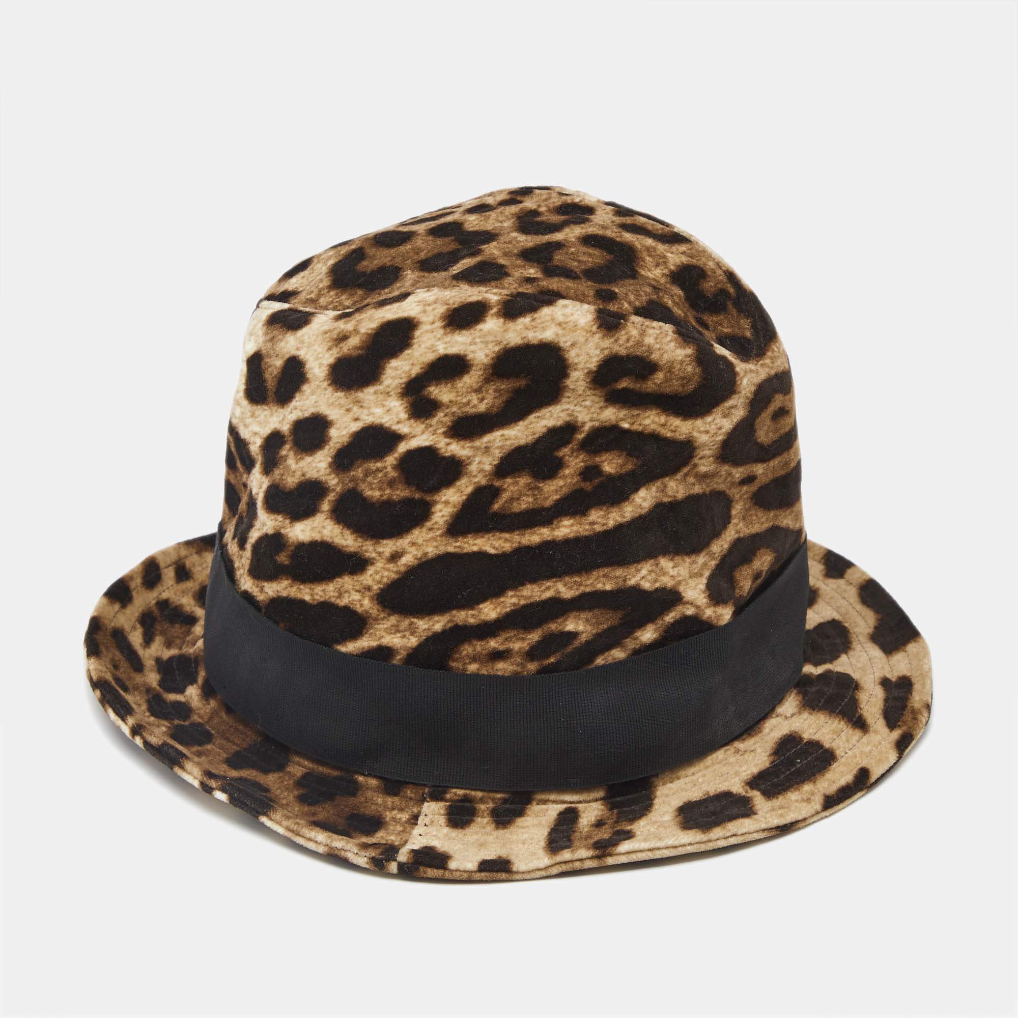 Dolce & Gabbana Brown Leopard Print Velvet Fedora Hat M
