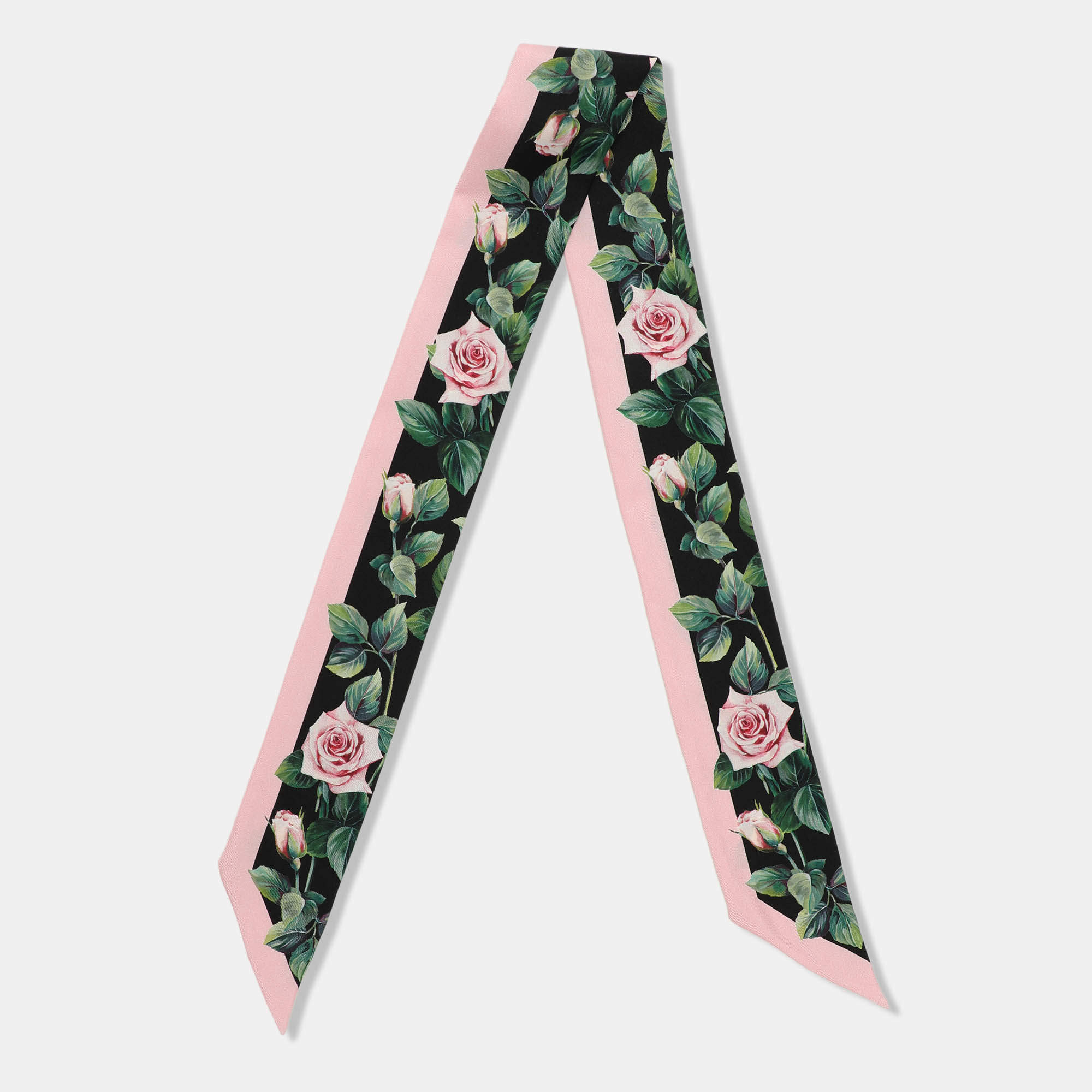 Pre Owned Dolce & Gabbana Pink Rose Print Silk Bandeau Scarf