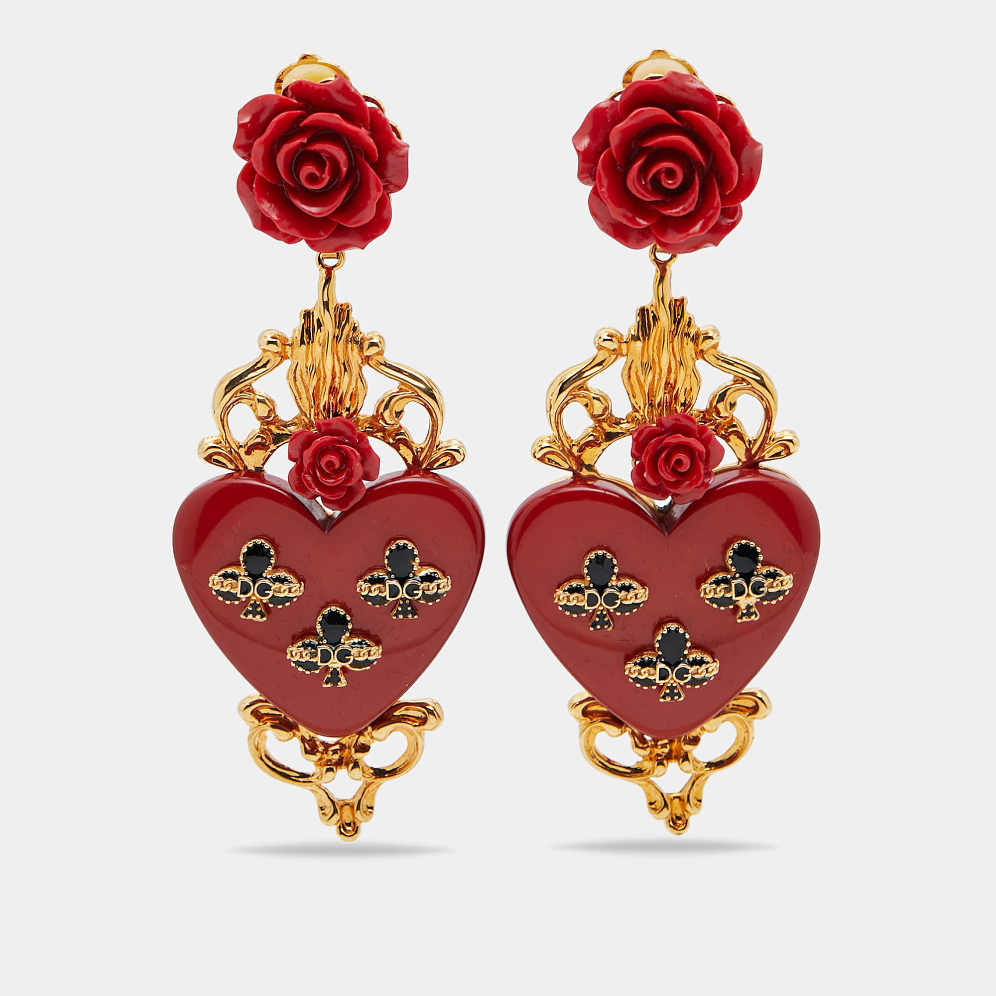 Dolce & Gabbana Fleur de Lis Heart Resin Enamel Gold Tone Long Earrings