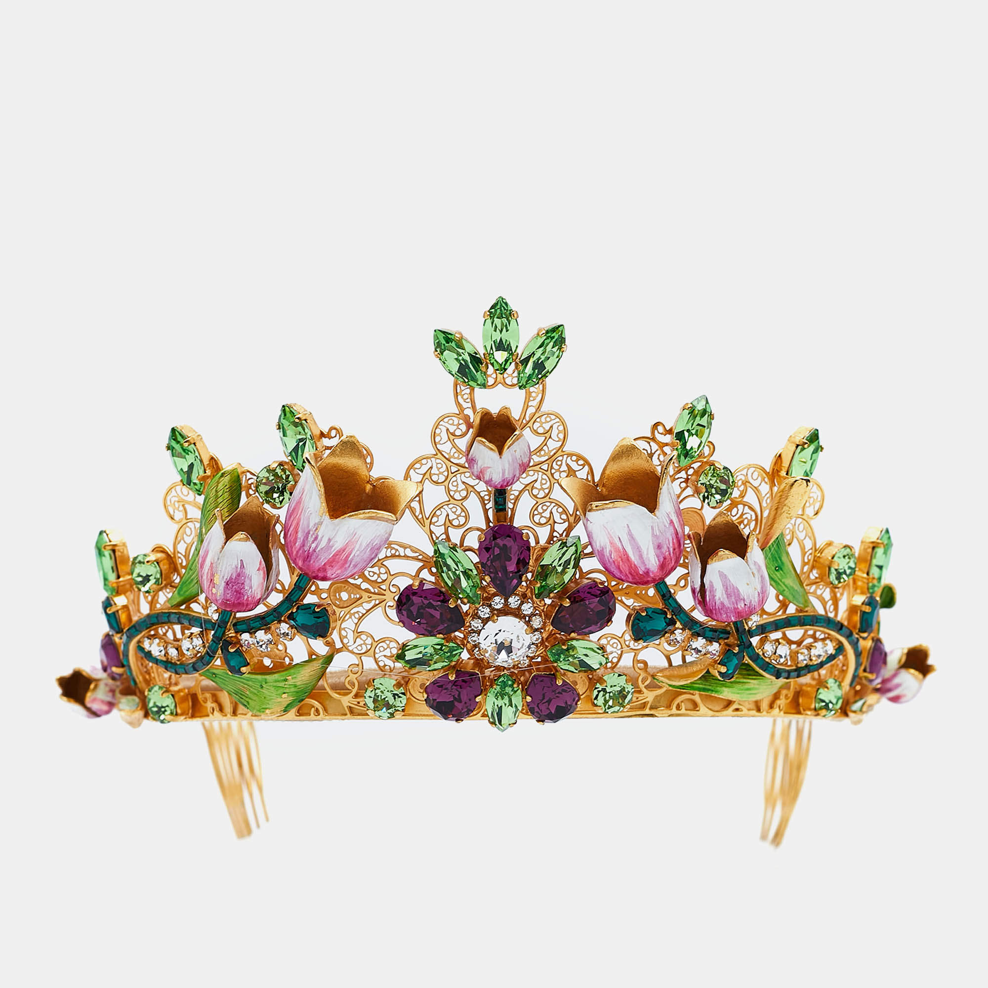 Pre Owned Dolce & Gabbana Gold Tone Flower & Crystal Embellished Tiara