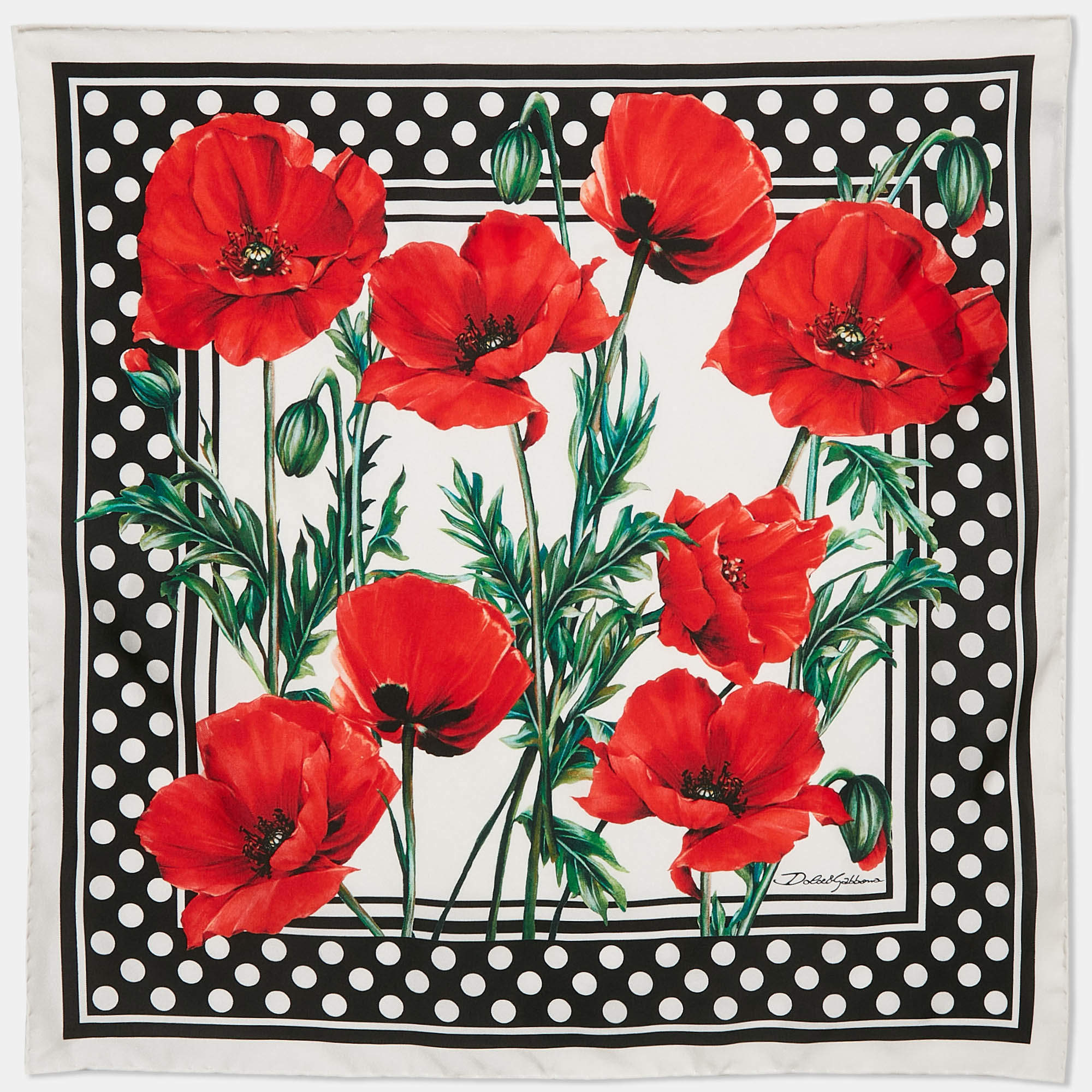 Dolce & Gabbana White Poppy Print Silk Square Scarf
