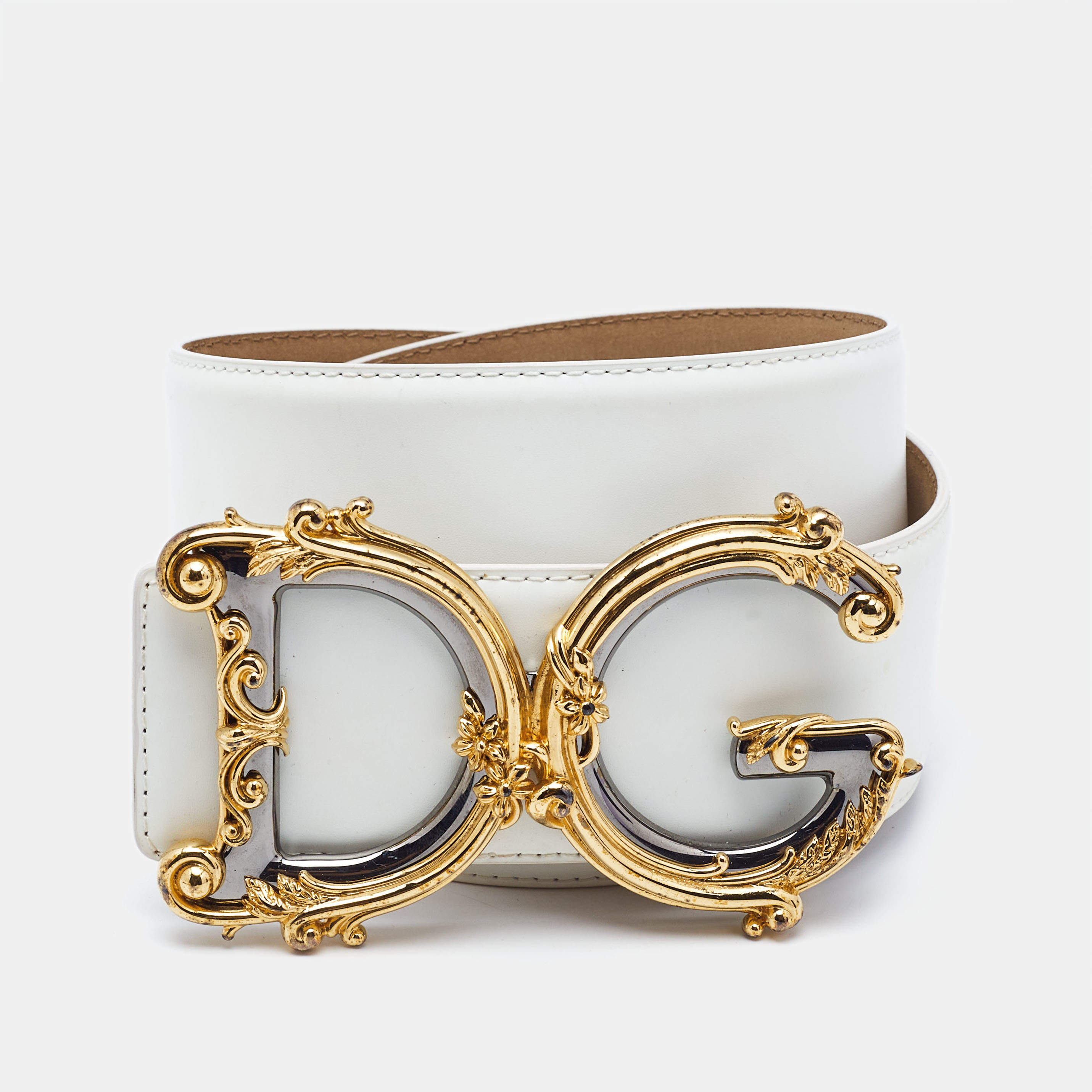 Pre Owned Dolce & Gabbana White Leather DG Baroque Buckle Belt 85CM