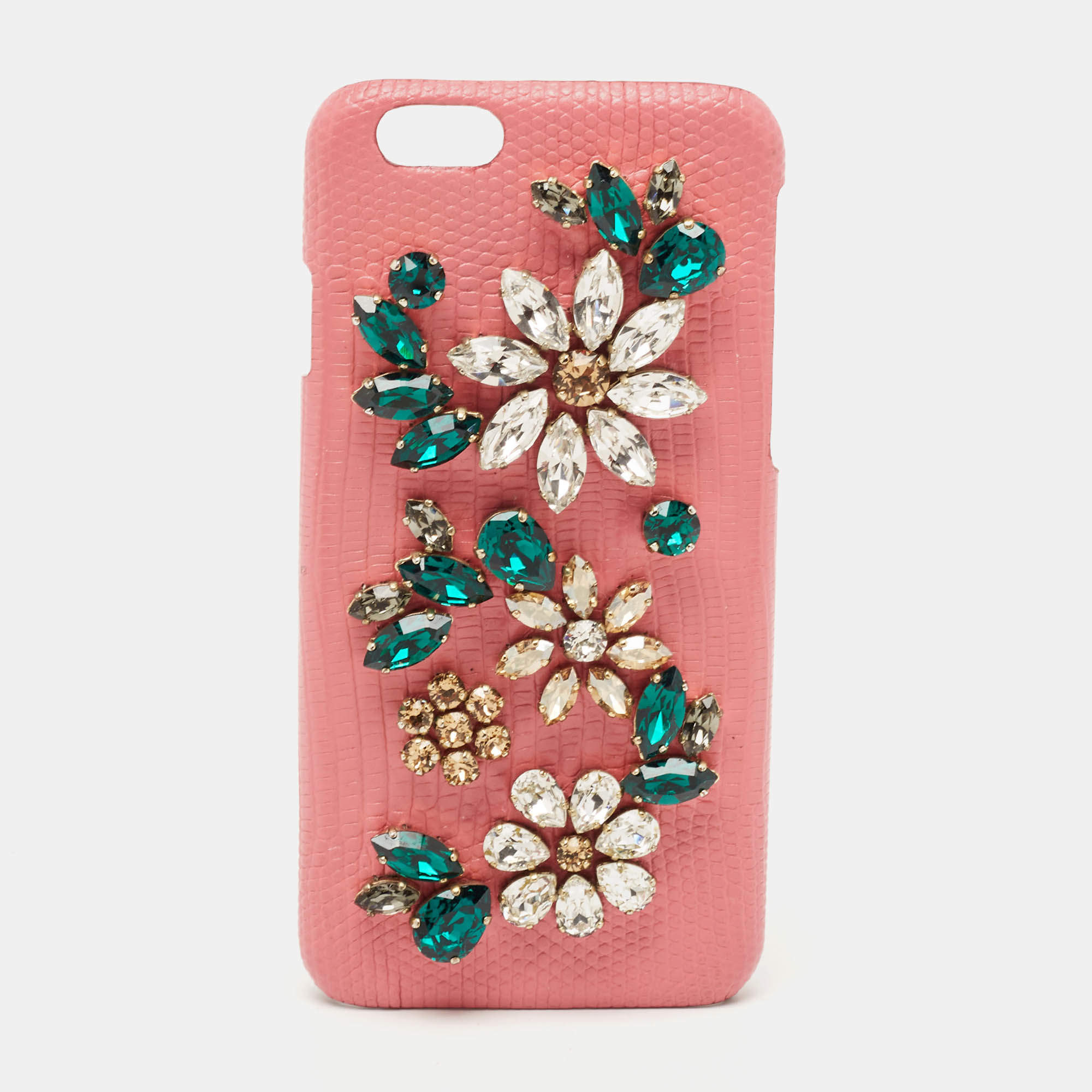 Pre Owned Dolce & Gabbana Pink Lizard Embossed Leather Crystals Embellished iPhone 6 Case