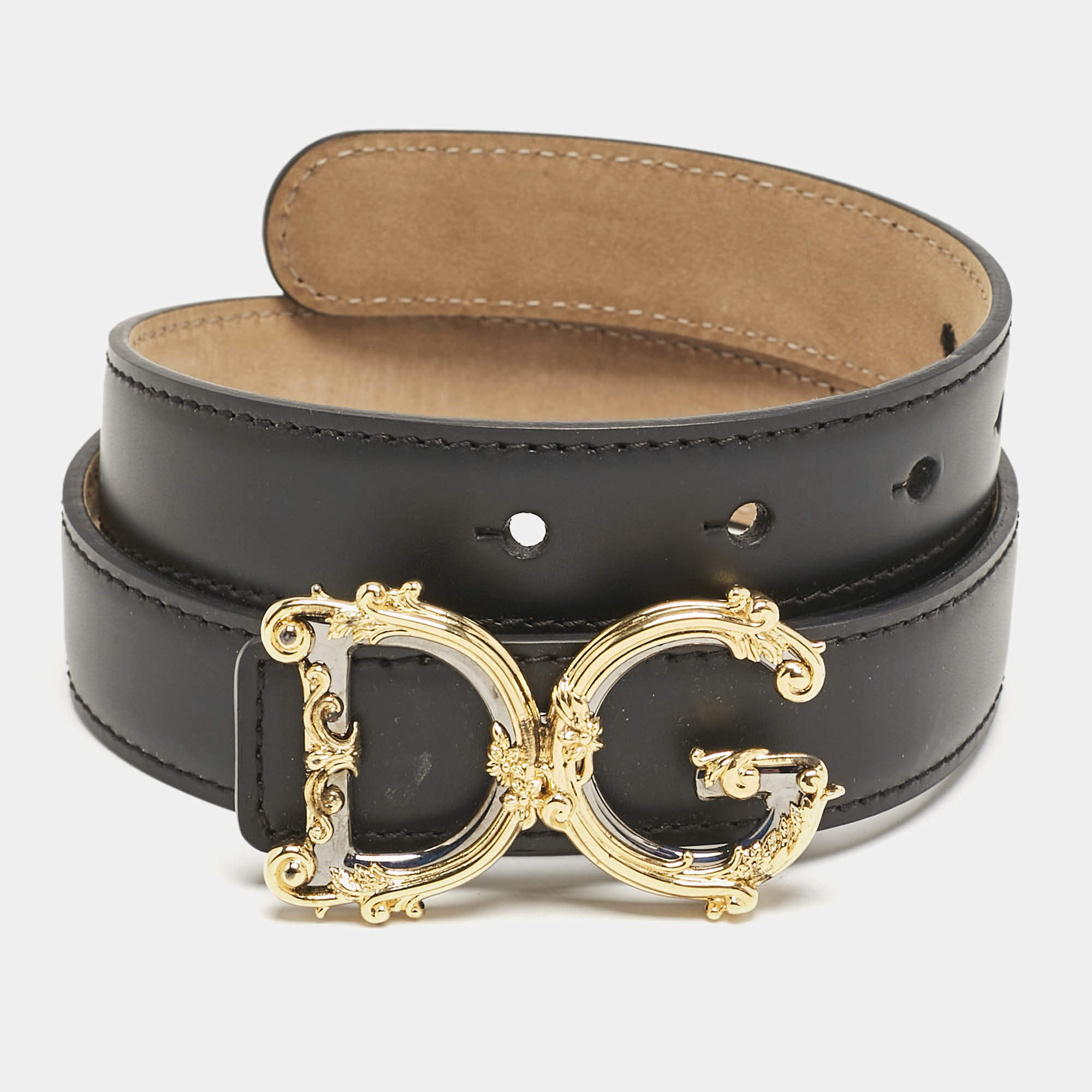مملوكة مسبقًا Dolce & Gabbana Black Leather DG Baroque Logo Buckle Belt 75CM