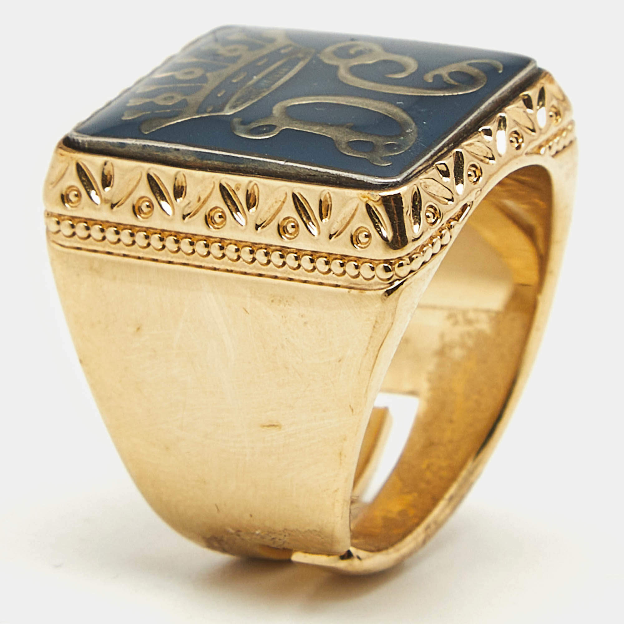 Pre Owned Dolce & Gabbana King Enamel Gold Tone Ring Size 57