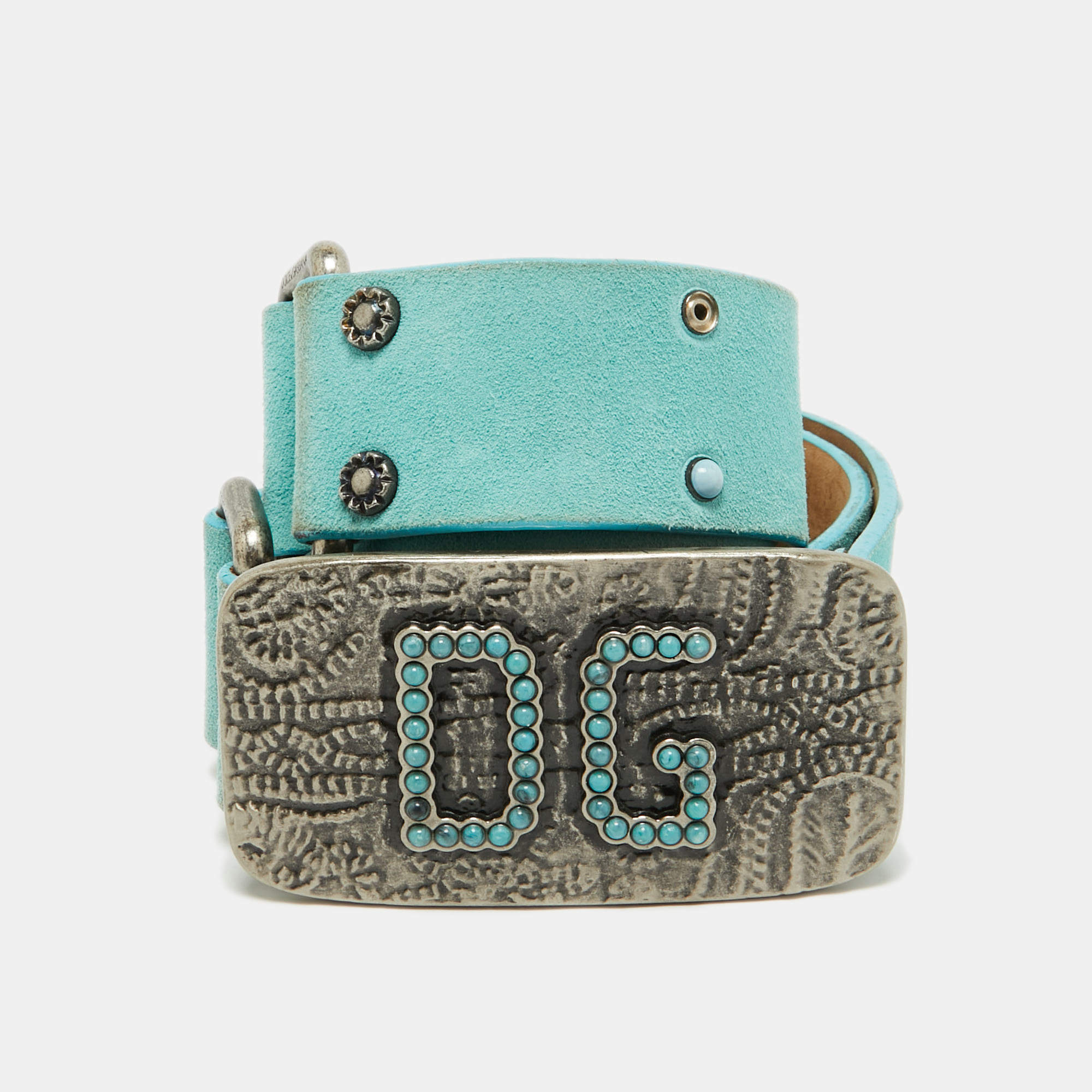 Dolce and Gabbana Turquoise Suede Studded DG Logo Plague Belt 80CM