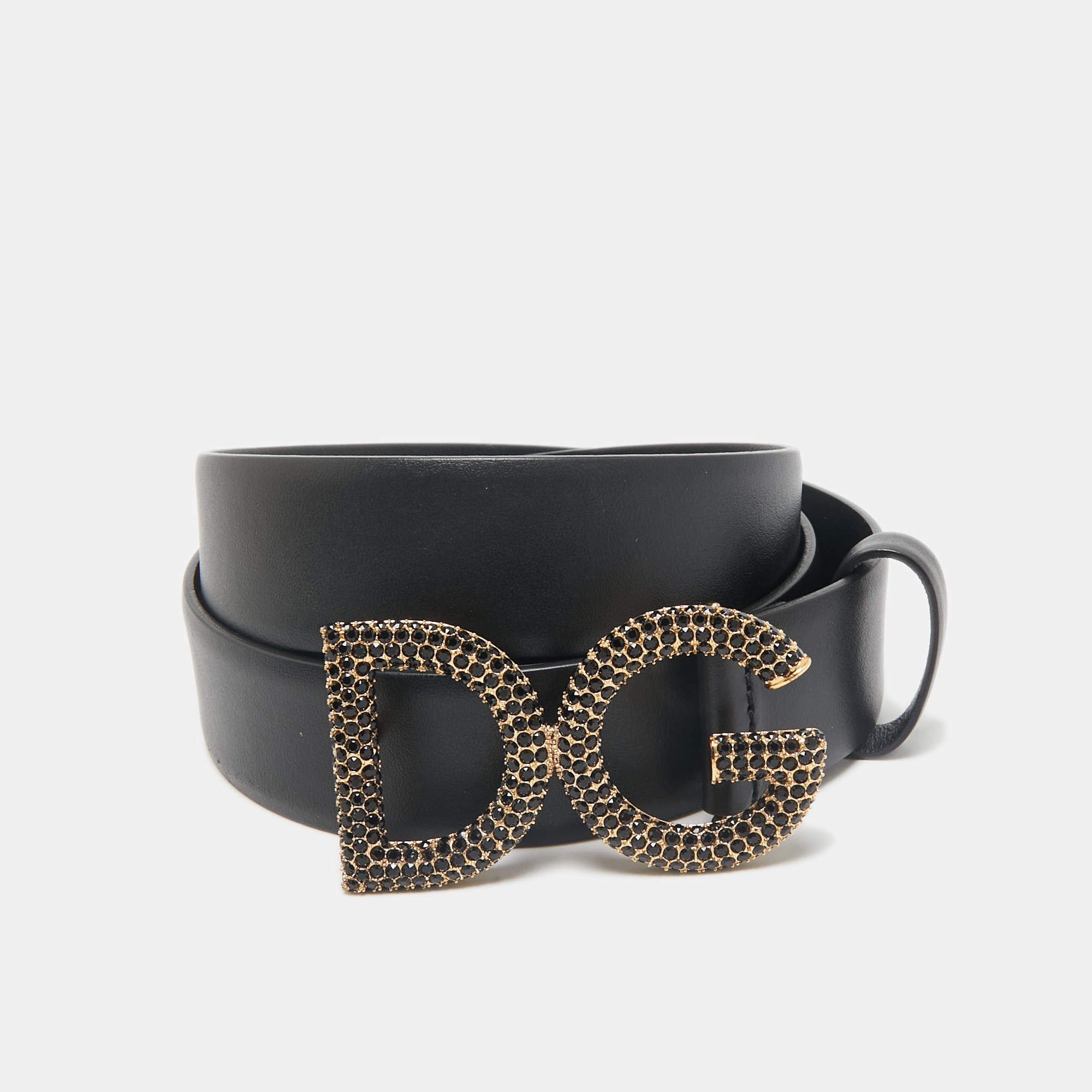 Dolce & Gabbana Black Leather Crystal Embellished DG Buckle Belt 110 CM
