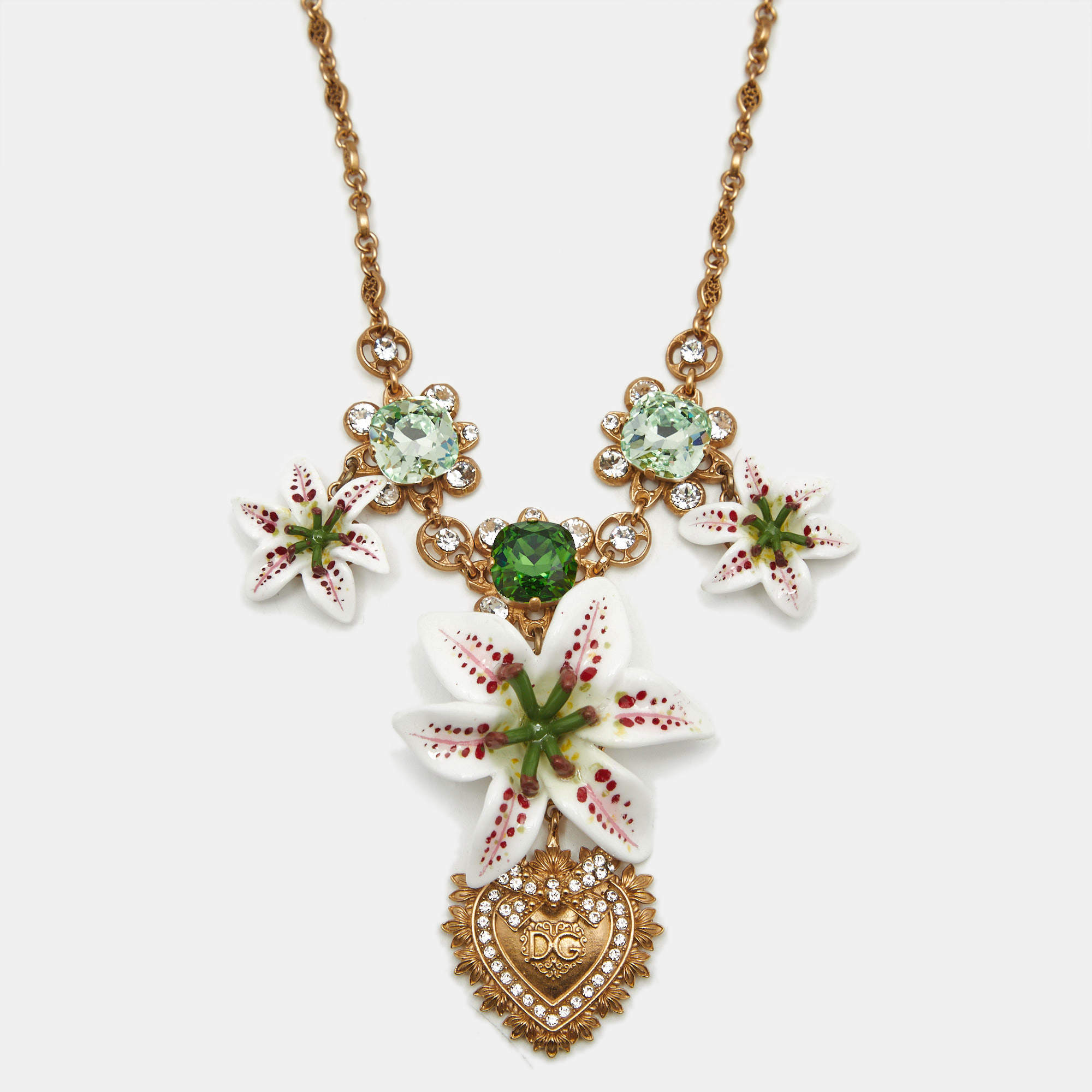 Dolce & Gabbana Lily Floral Devotion Faux Pearl Resin Crystal Gold Tone Pendant Necklace