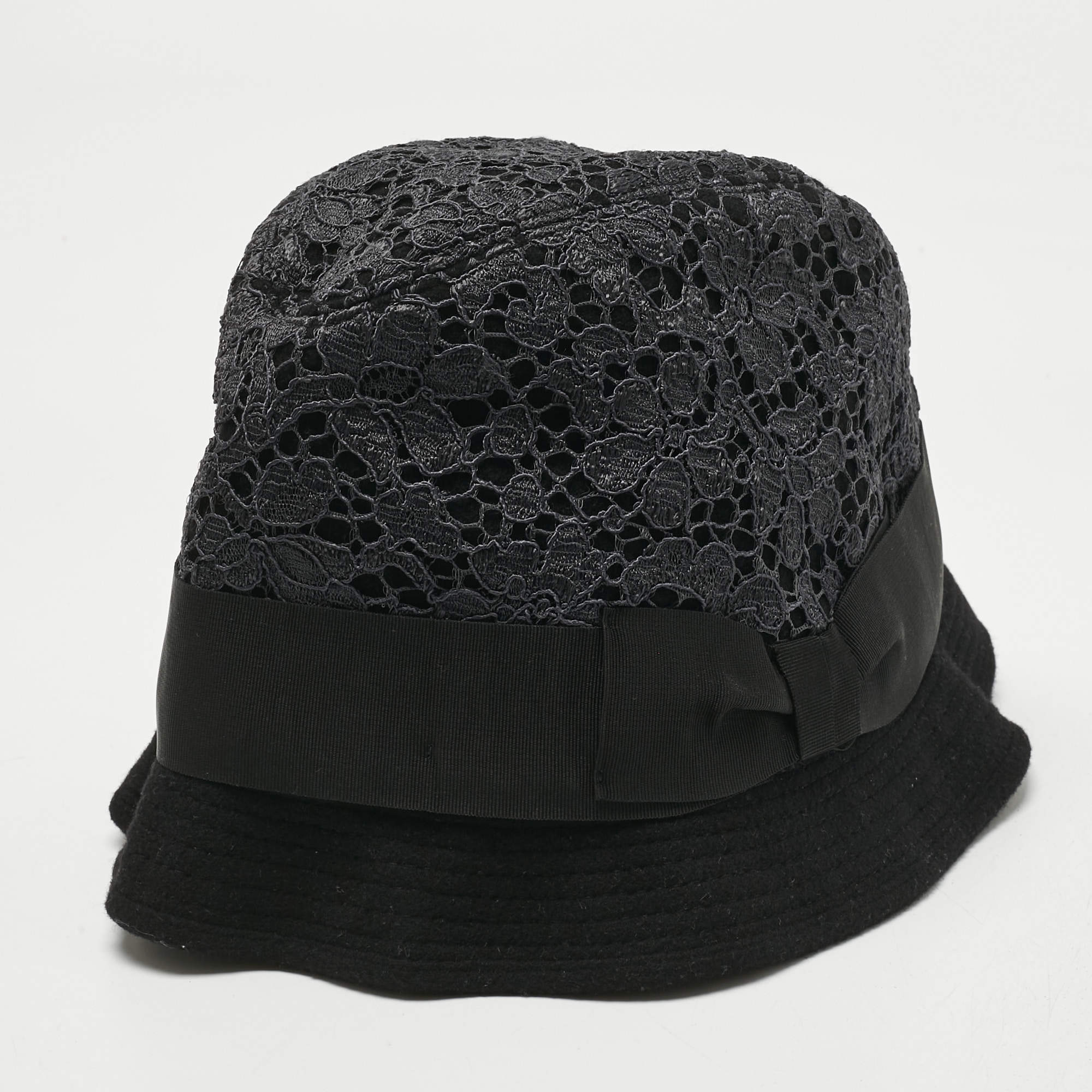 Pre Owned Dolce & Gabbana Black Lace and Cotton Bucket Hat M