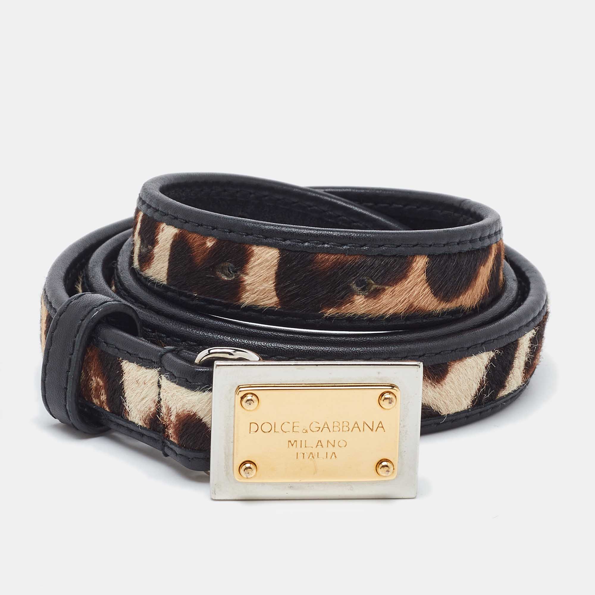 Pre Owned Dolce & Gabbana Black/Brown Leopard Print Calf Hair and Leather Slim Waist Belt 85CM