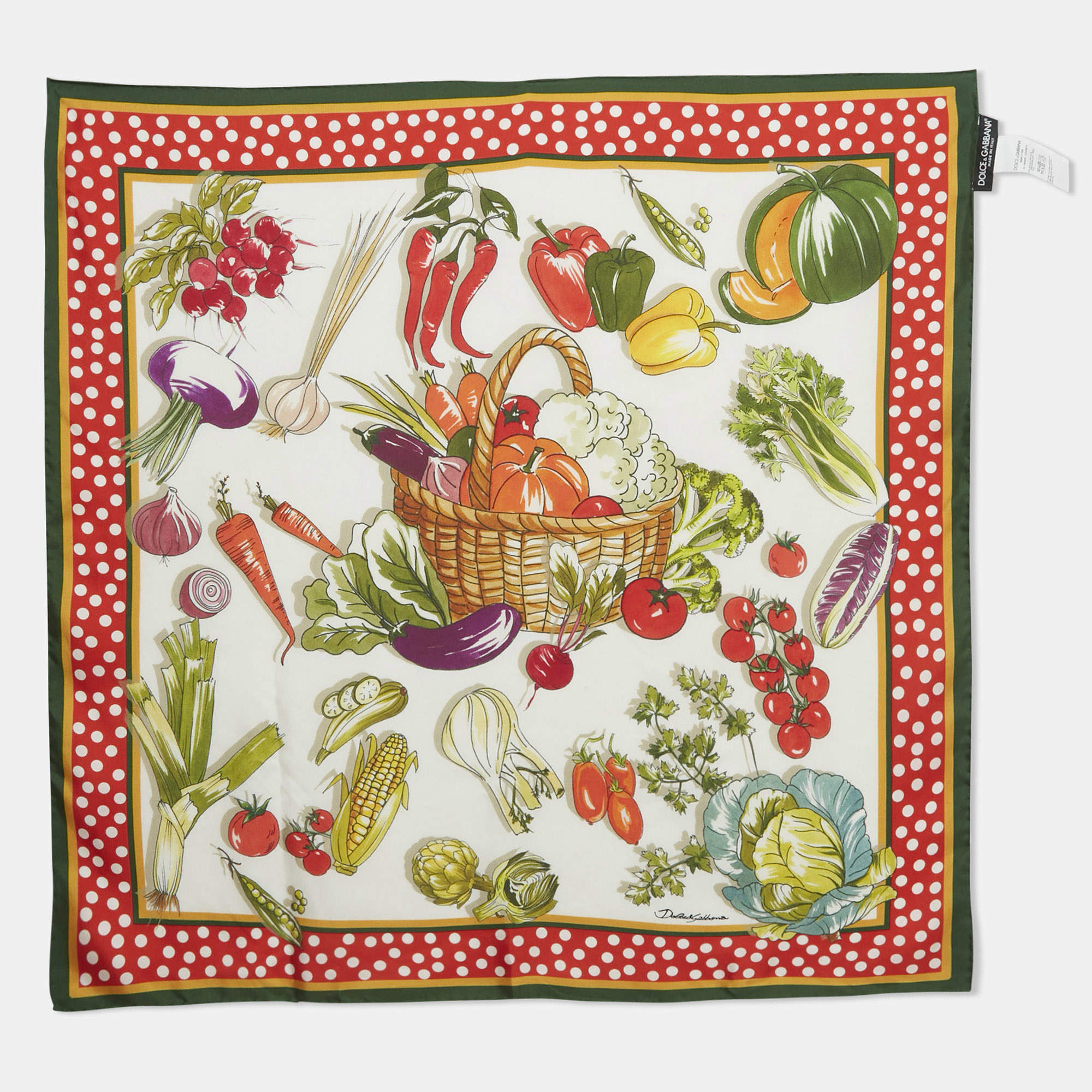 مملوكة مسبقًا Dolce & Gabbana Green/White Vegetable Print Silk Square Scarf