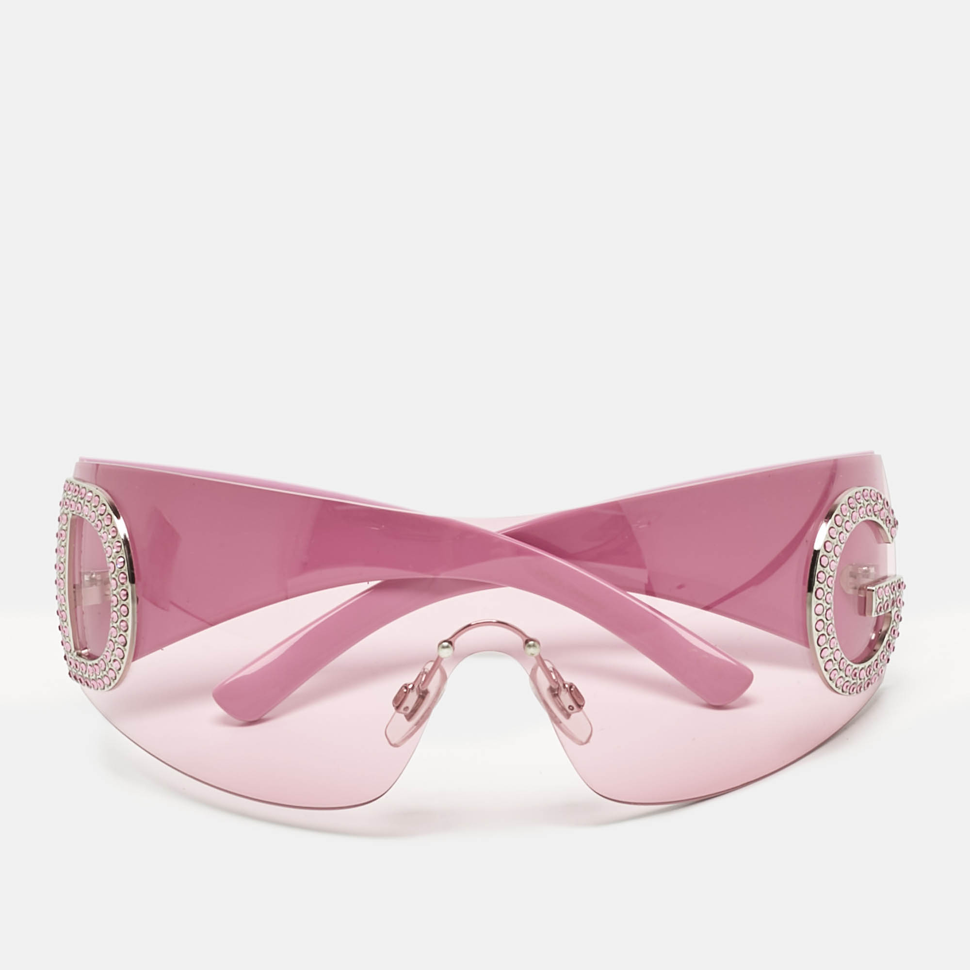 Pre Owned Dolce & Gabbana Pink DG Crystals Shield Sunglasses
