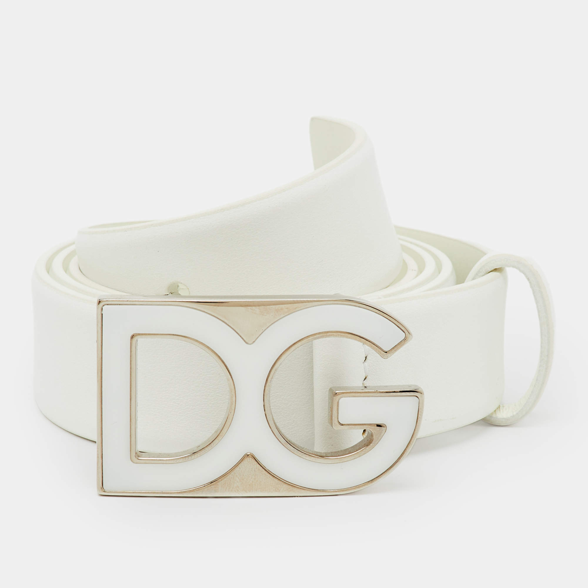 Pre Owned حزام دولتشي أند غابانا جلد أبيض بشعار DG للخصر 100 سم