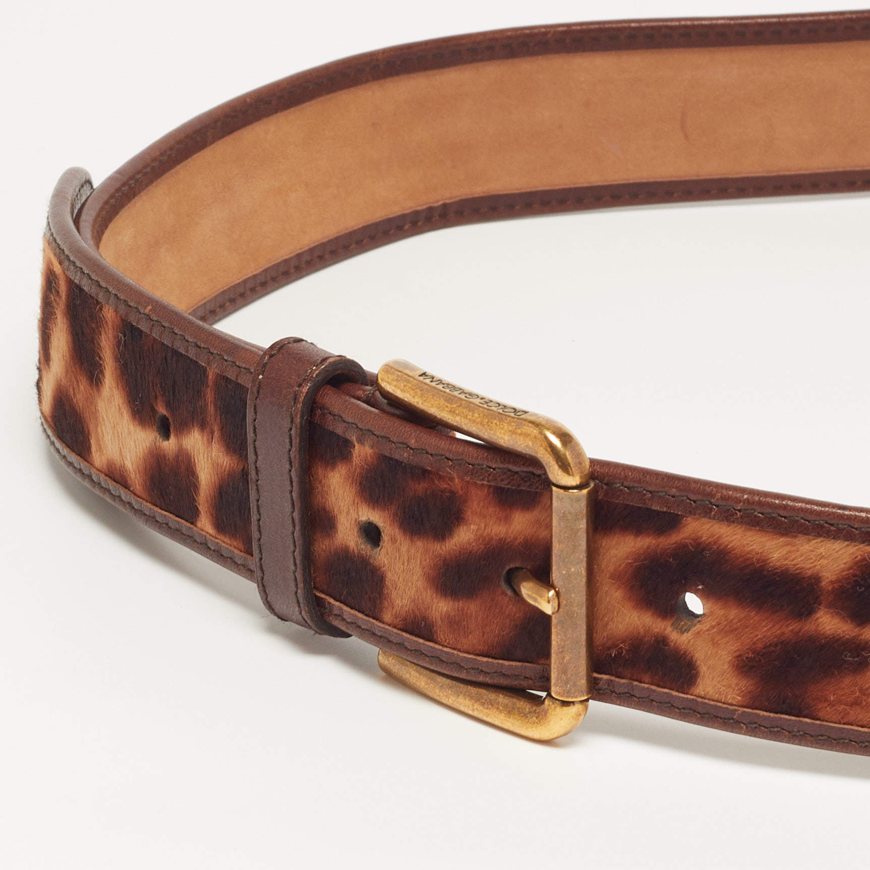 Pre Owned Dolce & Gabbana 85 CM Buckle Belt Brown Leopard Print Calf Hair and Leather