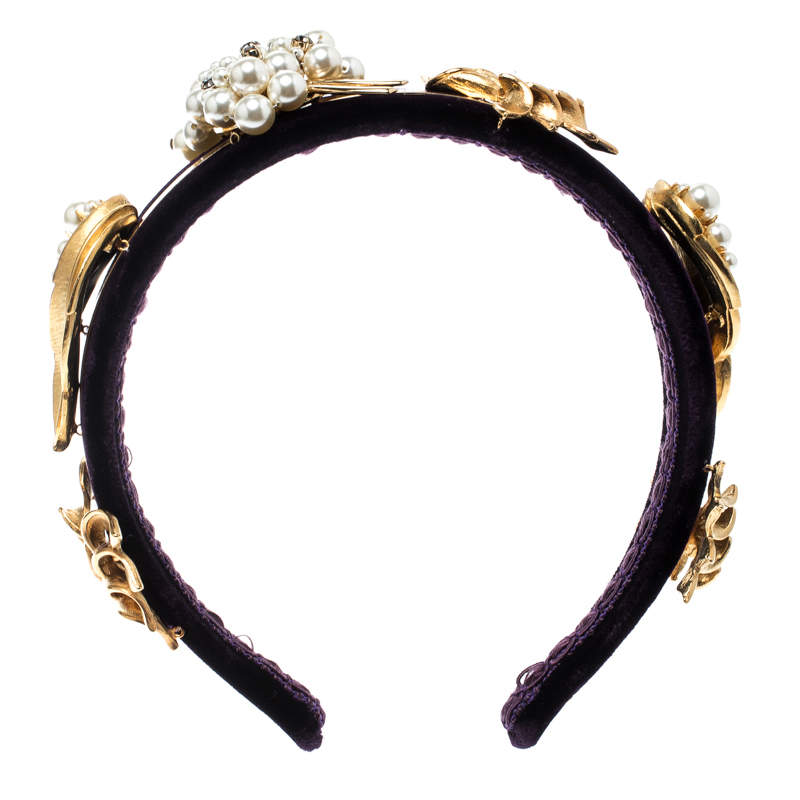 Dolce & Gabbana Purple Velvet Faux Pearl Embellished Gold Tone Headband