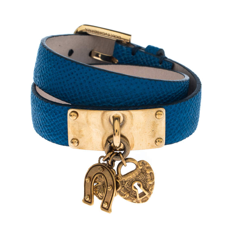 Pre Owned Dolce & Gabbana Good Luck Charms Blue Leather Wrap Bracelet M