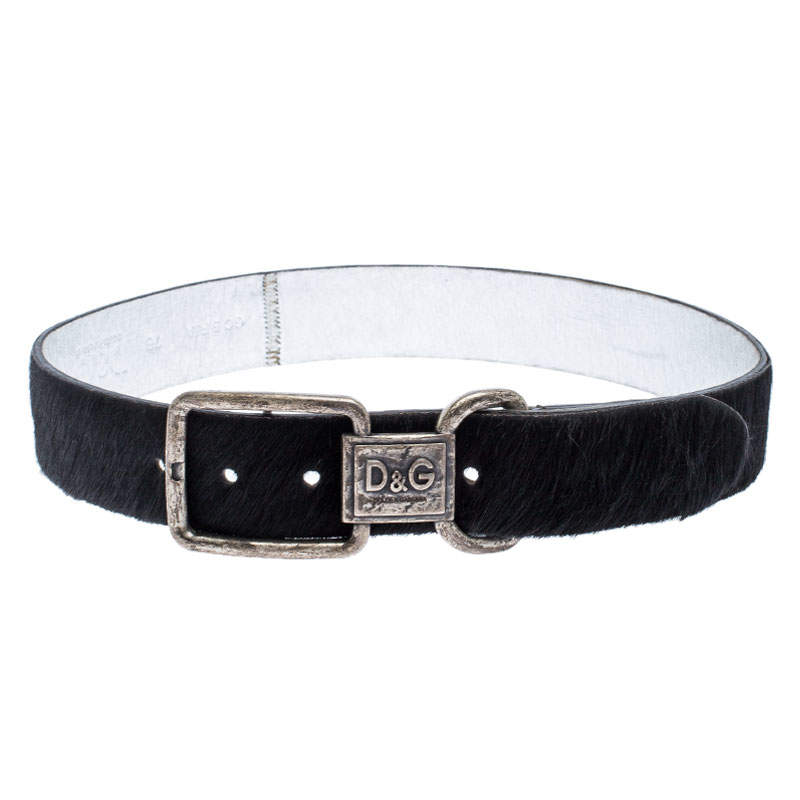 Pre Owned D&G Black Calfhair Logo Buckle Belt 75CM
