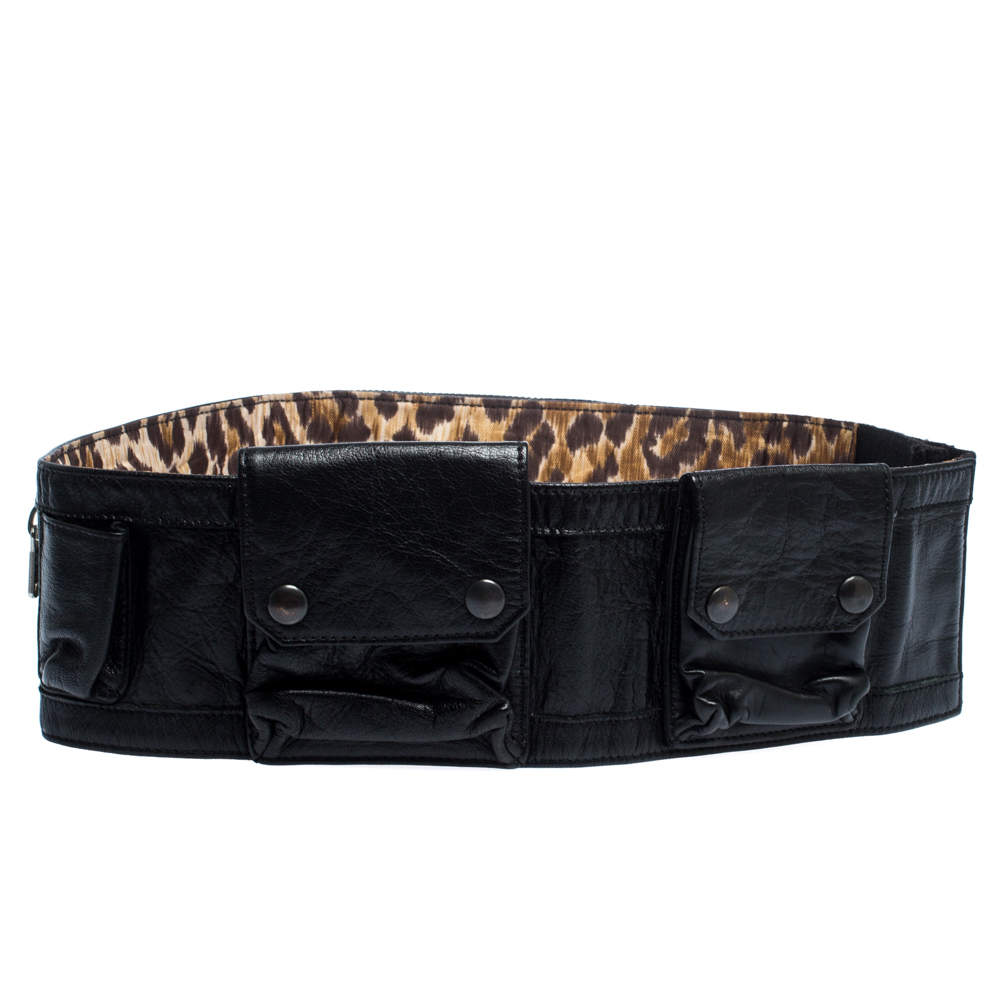 Dolce & Gabbana Black Leather Multi Pocket Elastic Belt