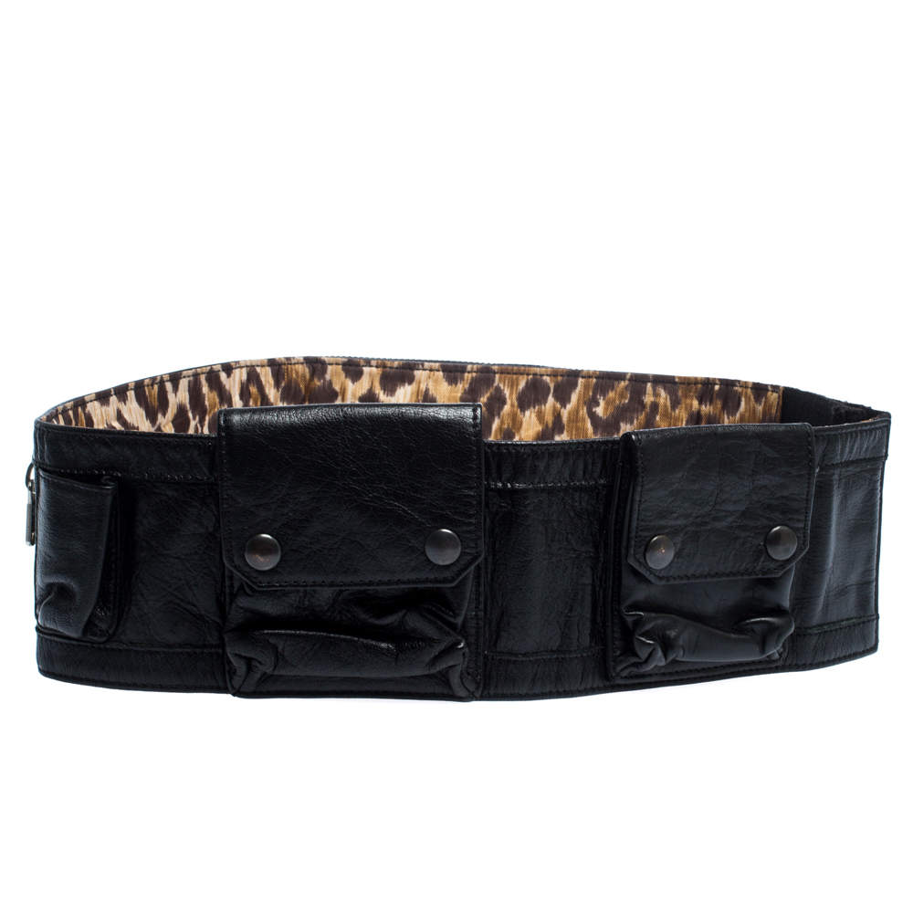 مملوكة مسبقًا Dolce & Gabbana Black Leather Multi Pocket Elastic Belt