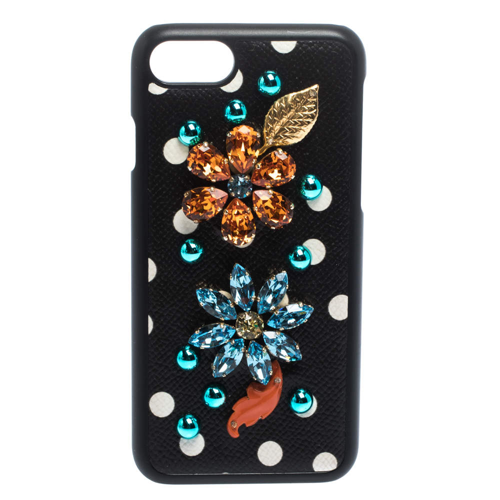 مملوكة مسبقًا Dolce & Gabbana Black/White Polka Dots Leather Crystal Embellished iPhone 7 Case