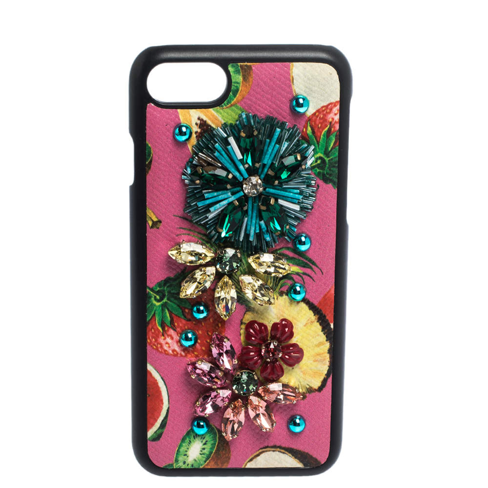 Pre Owned Dolce & Gabbana Multicolor Fruit Print Leather Crystal Embellished iPhone 7 Case