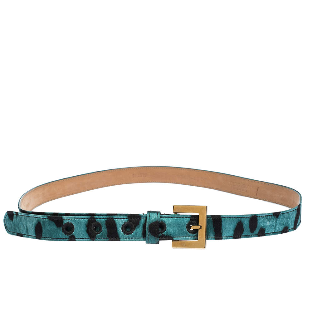 Pre Owned حزام دولتشي أند غابانا إبزيم ساتان طباعة فهد أسود/ أخضر 90 سم