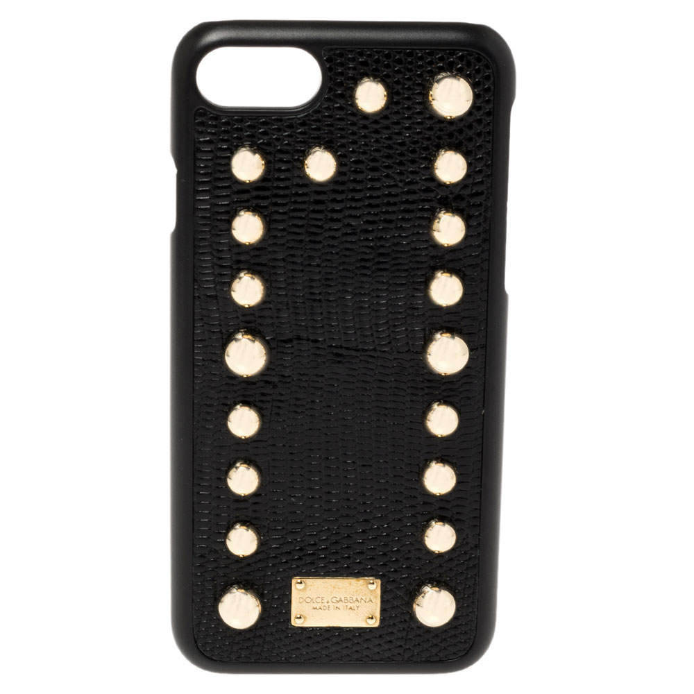 Pre Owned Dolce & Gabbana Black Lizard Embossed Leather Studded iPhone 7 Cover