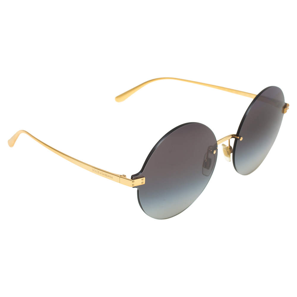 Pre Owned Dolce & Gabbana Gold Tone/ Grey Gradient Logo Plaque Round Sunglasses