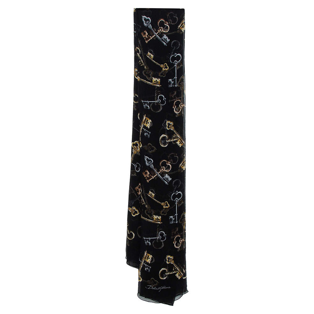 Pre Owned Dolce & Gabbana Black Key Print Chiffon Silk Scarf