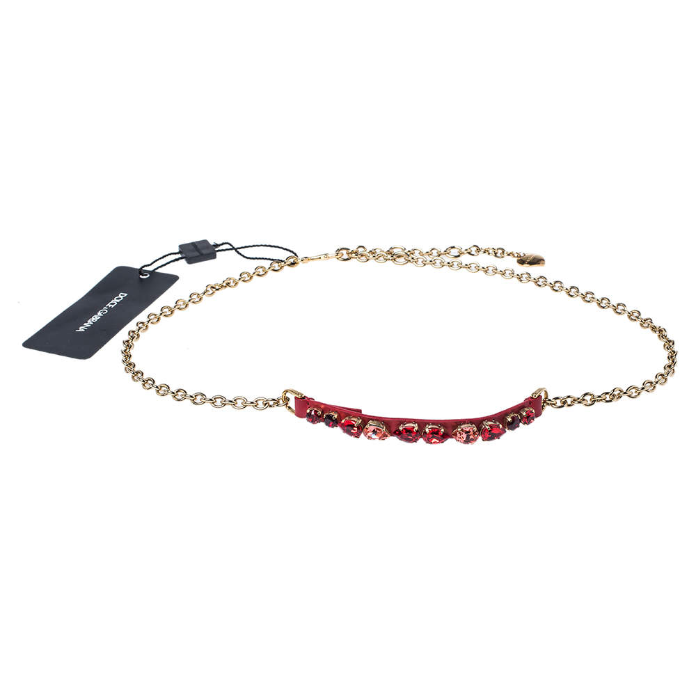 Dolce & Gabbana Red Leather Resin Crystal Gold Tone Chain Belt L
