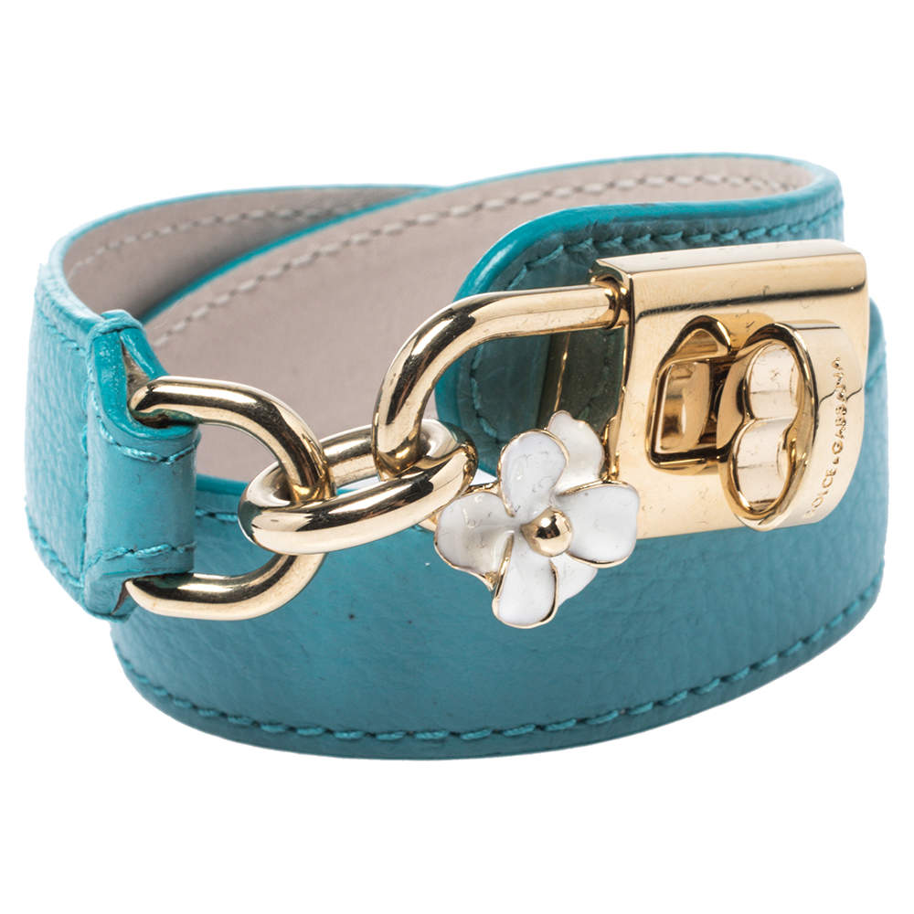 Dolce & Gabbana Teal Leather Lock Motif Gold Tone Wrap Bracelet