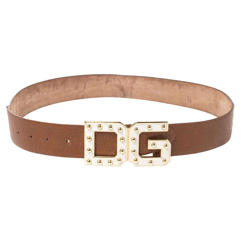 Pre Owned حزام خضر دولتشي أند غابانا جلد مرصع شعار جلد بني فاتح/ أبيض 85 سم